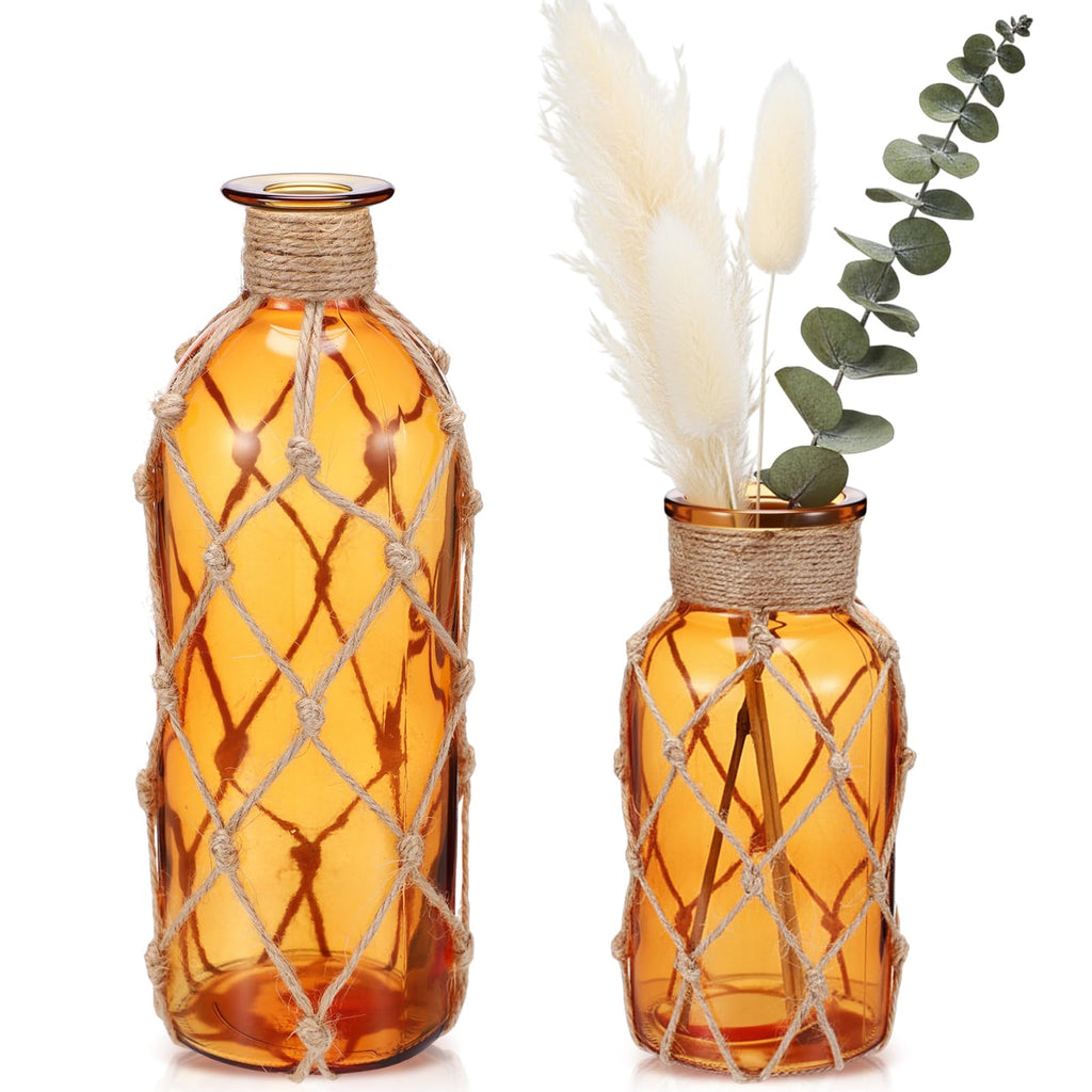 Chuangdi Set of 2 Coastal Glass Vases for Flowers TSITP Flower Vase with Boho Rope Small Sea Glass Jar Nautical Beach Bottle for Wedding Table Centerpieces Floral Arrangement Decor(Green)