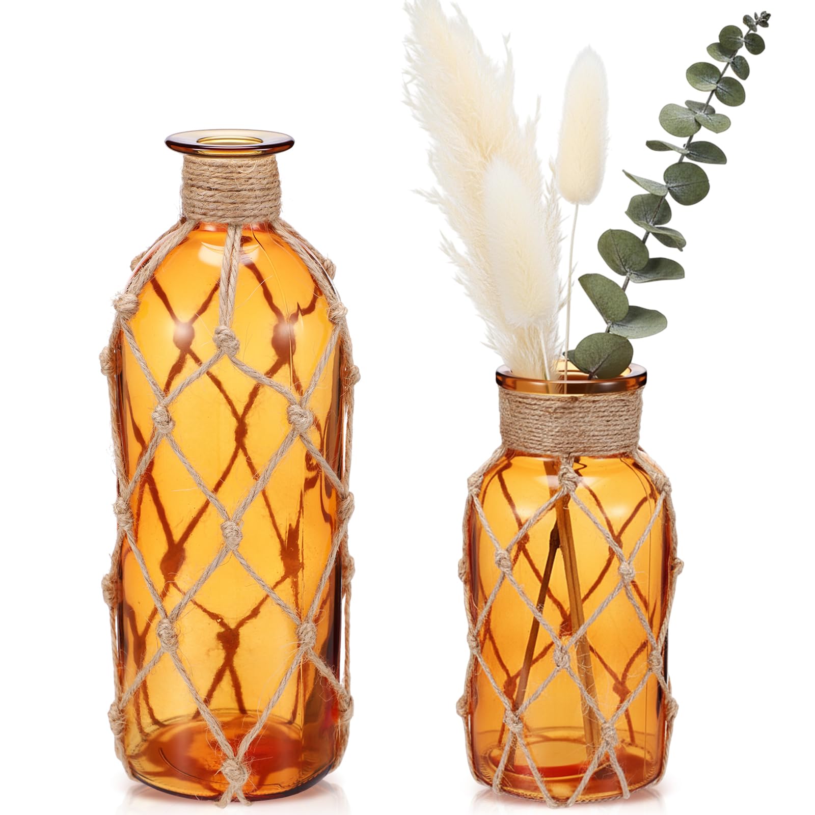 Chuangdi Set of 2 Coastal Glass Vases for Flowers TSITP Flower Vase with Boho Rope Small Sea Glass Jar Nautical Beach Bottle for Wedding Table Centerpieces Floral Arrangement Decor(Green)