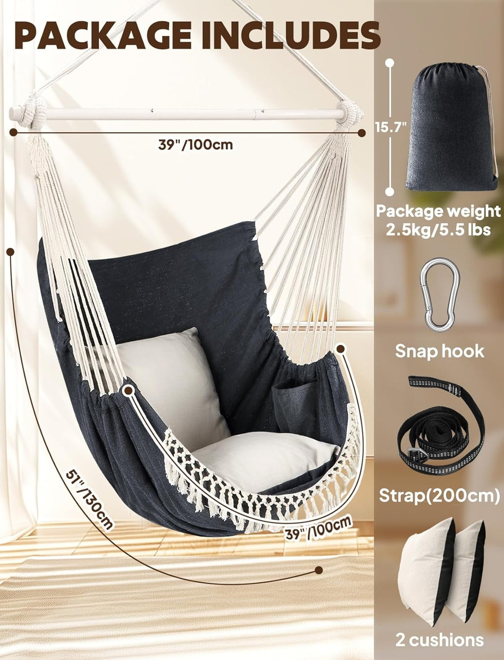 Chihee Hammock Chair Hanging Swing Max 500 Lbs 2 Cushions Included Steel Spreader Bar with Anti-Slip Grooves Portable Hanging Chair Side Pocket Large Macrame Bohemian Chair Indoor Outdoor