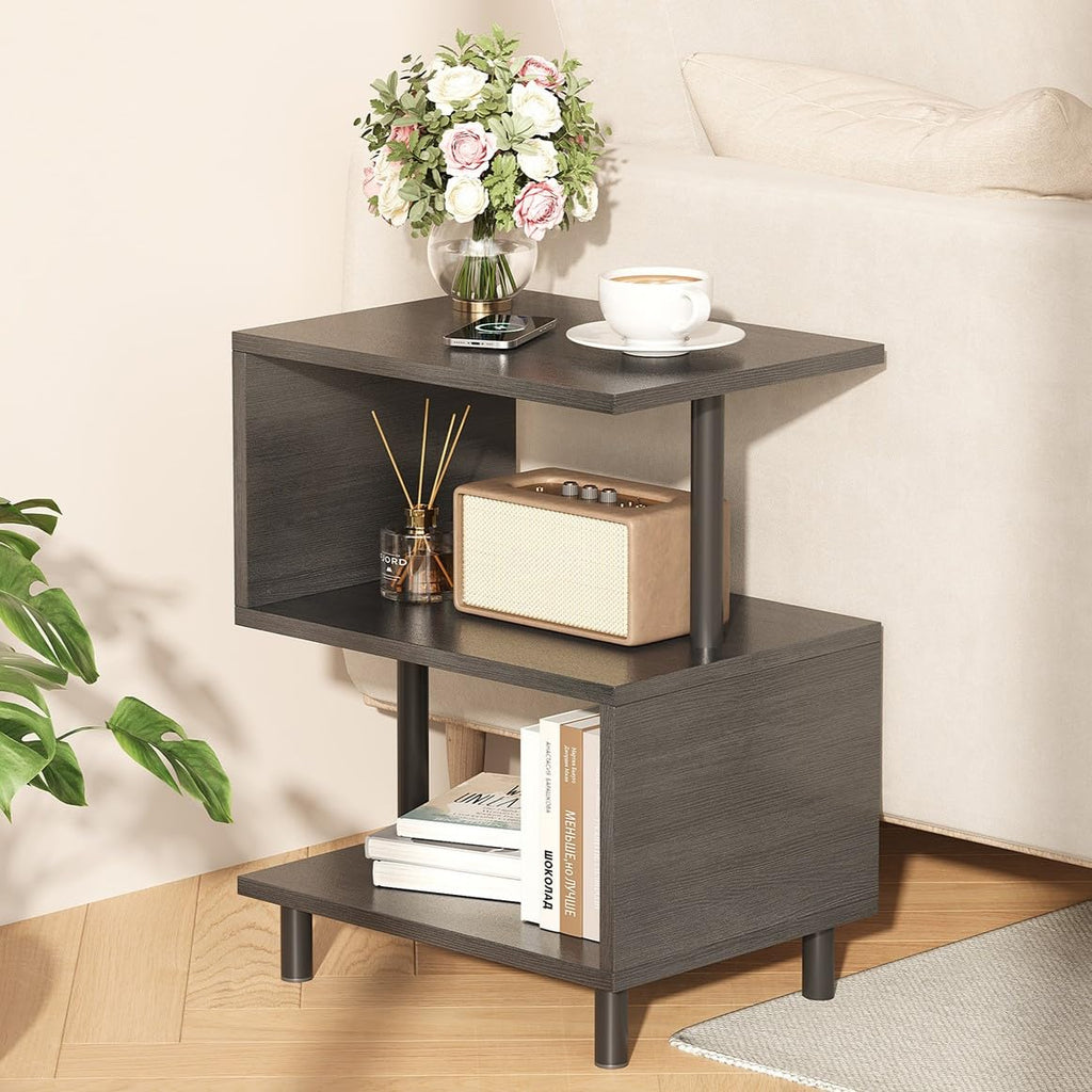 Apicizon S-Shaped Side Table, 3-Tier Nightstand with Solid Wood Legs, Slim Bedside Table with Storage Shelf, Modern End Table for Small Spaces, Bedroom, Living Room, Entryway, Natural