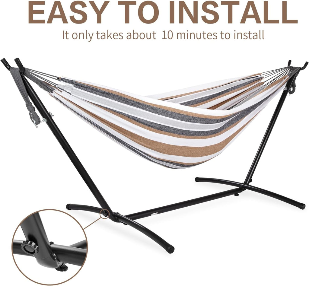 PNAEUT Double Hammocks with Stand for Outside, Portable Space Saving Heavy-Duty Steel Frame for Indoor Outdoor Patio Yard, Easy Assembly, 2 Person 450 lbs Capacity (Coffee)