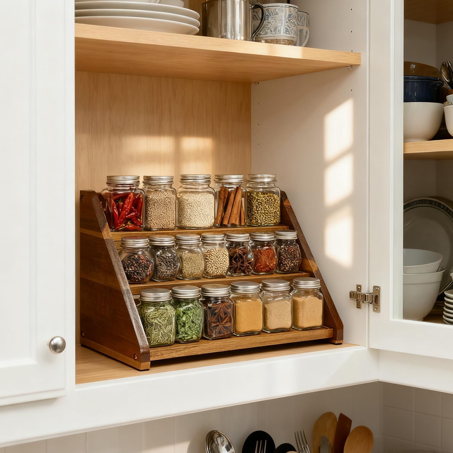 Acacia Wooden Spice Rack for Countertop - 3 Tiered Spice Rack Organizer for Cabinet - Kitchen Spices Organizers Holds 21 Jars - Spices Shelf for Kitchen Storage Pantry Seasoning Organizer