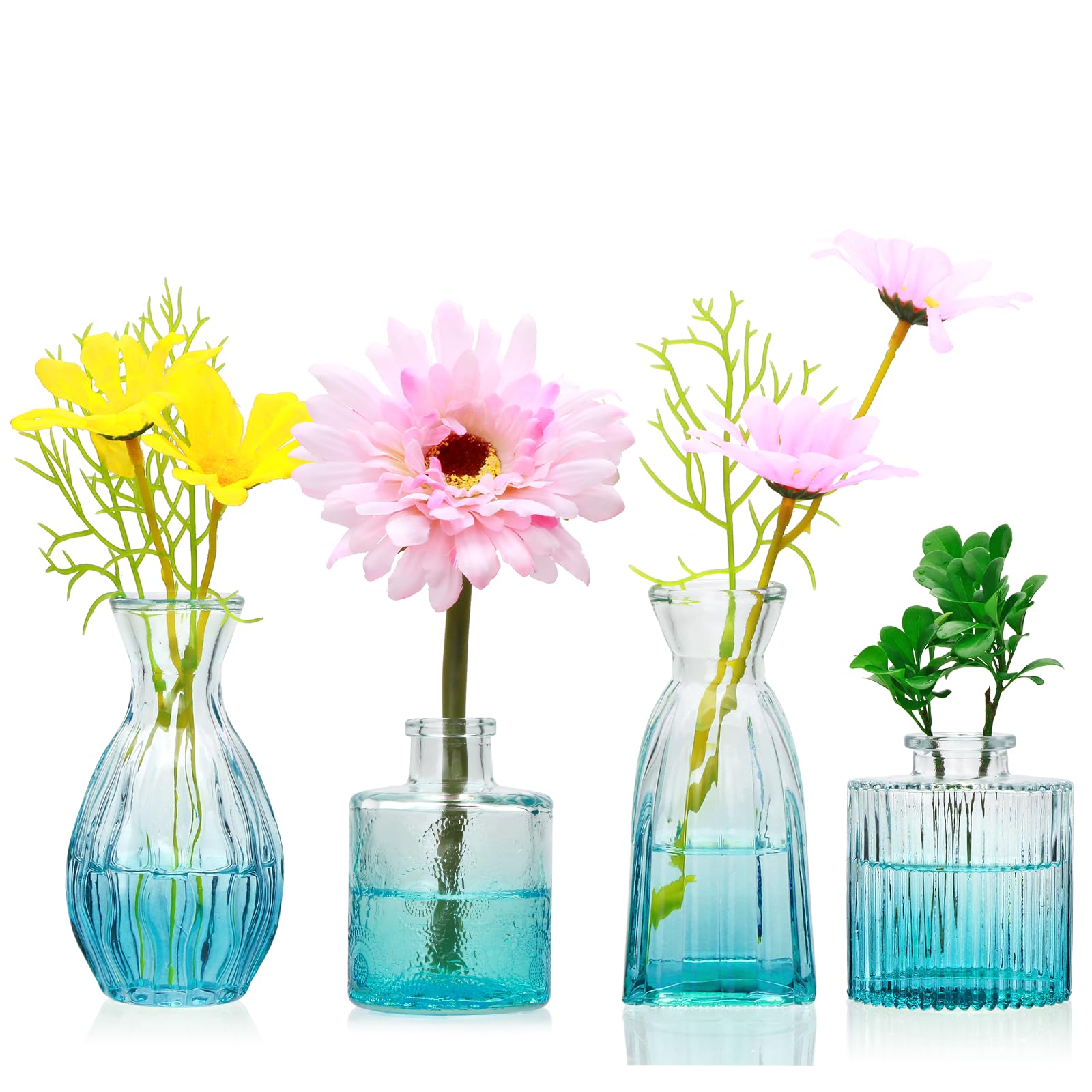 Set of 4 Clear Vintage Embossed Mini Glass Bud Vases Small Flower Vases for Wedding Party Table & Home Decor Flower Arrangements