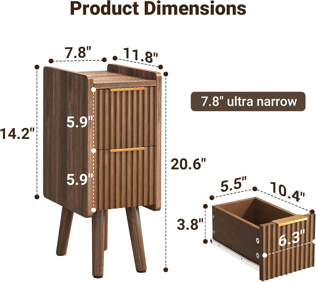 ELYKEN 7.9" Narrow Side Table, 20.6" H Fluted Nightstand with Drawers, Wooden Small End Table for Small Spaces, Modern Skinny Bedside Table, Slim Nightstand for Bedroom, Walnut