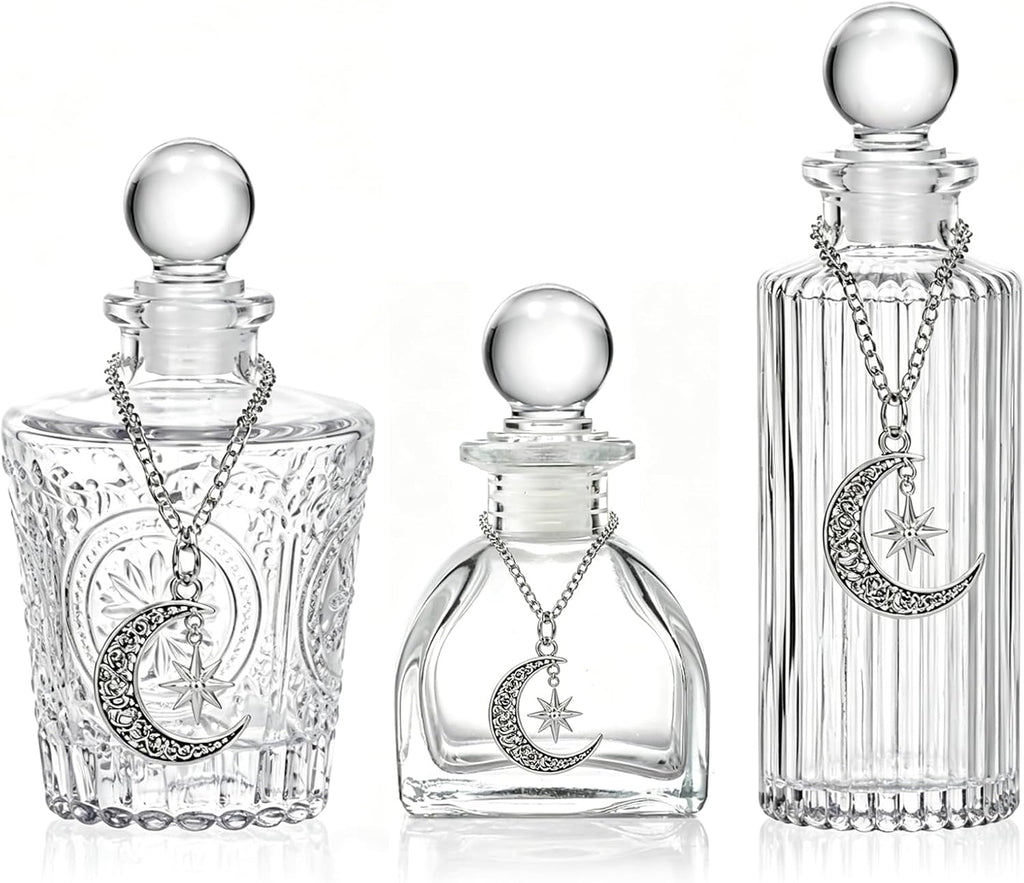 Moon Energy Glass Bottle Set, 3 Pack, with Lunar Star Chain, for Crystal Cleansing, Meditation, Witchcraft, Home Decor (3)