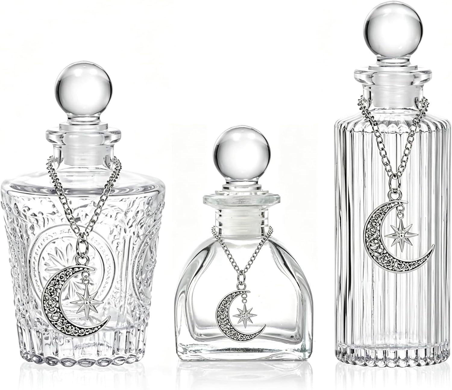 Moon Energy Glass Bottle Set, 3 Pack, with Lunar Star Chain, for Crystal Cleansing, Meditation, Witchcraft, Home Decor (3)