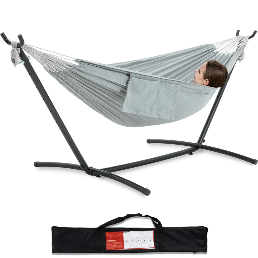 PNAEUT Double Hammocks with Stand for Outside, Portable Space Saving Heavy-Duty Steel Frame for Indoor Outdoor Patio Yard, Easy Assembly, 2 Person 450 lbs Capacity (Coffee)