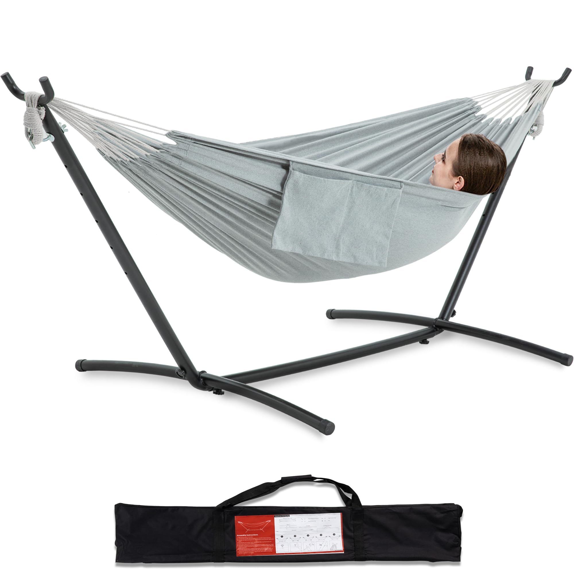 PNAEUT Double Hammocks with Stand for Outside, Portable Space Saving Heavy-Duty Steel Frame for Indoor Outdoor Patio Yard, Easy Assembly, 2 Person 450 lbs Capacity (Coffee)
