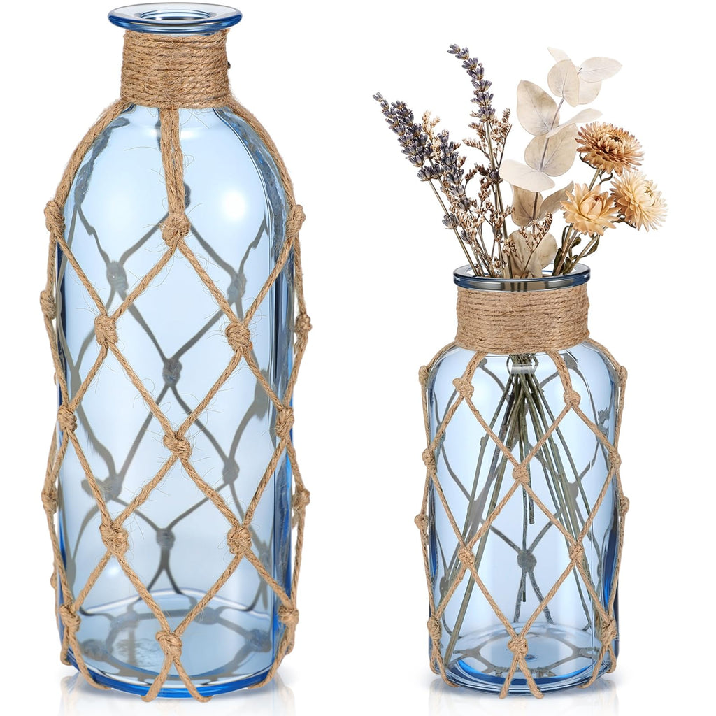 Chuangdi Set of 2 Coastal Glass Vases for Flowers TSITP Flower Vase with Boho Rope Small Sea Glass Jar Nautical Beach Bottle for Wedding Table Centerpieces Floral Arrangement Decor(Green)