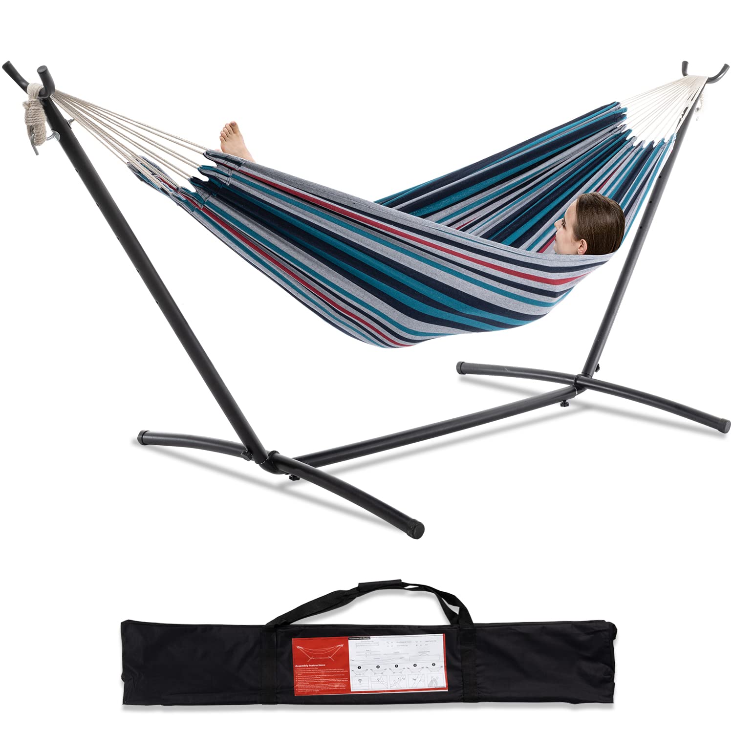 PNAEUT Double Hammocks with Stand for Outside, Portable Space Saving Heavy-Duty Steel Frame for Indoor Outdoor Patio Yard, Easy Assembly, 2 Person 450 lbs Capacity (Coffee)