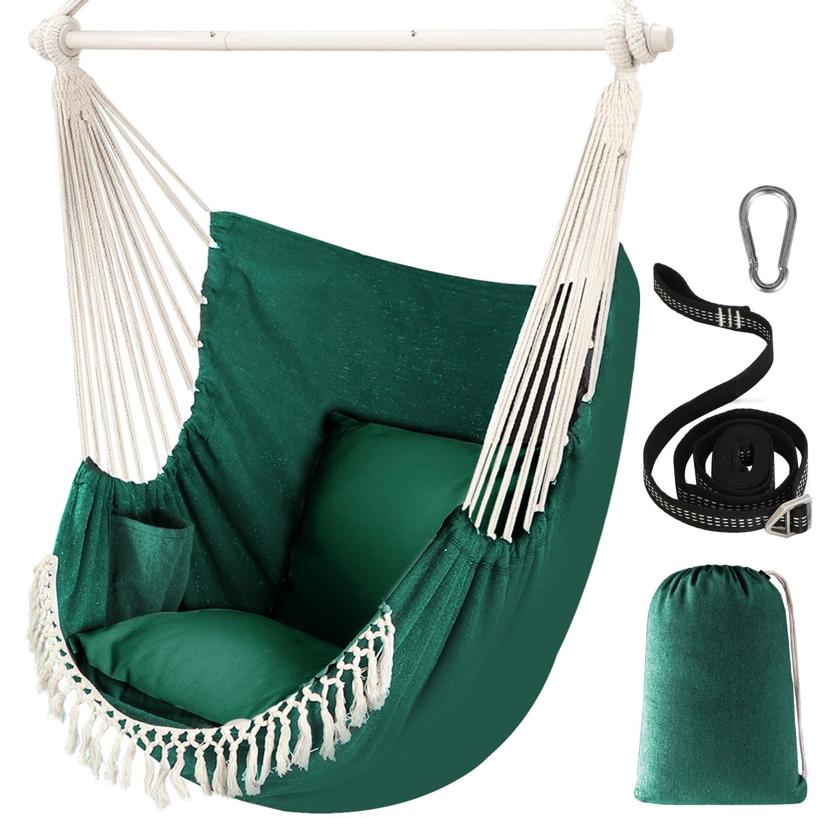 Chihee Hammock Chair Hanging Swing Max 500 Lbs 2 Cushions Included Steel Spreader Bar with Anti-Slip Grooves Portable Hanging Chair Side Pocket Large Macrame Bohemian Chair Indoor Outdoor