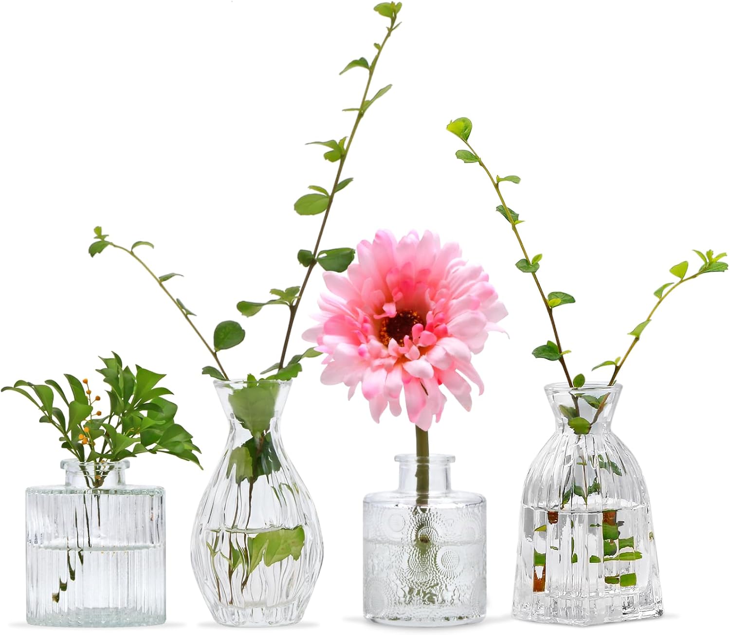 Set of 4 Clear Vintage Embossed Mini Glass Bud Vases Small Flower Vases for Wedding Party Table & Home Decor Flower Arrangements
