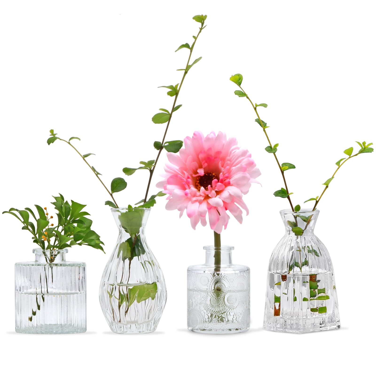 Set of 4 Clear Vintage Embossed Mini Glass Bud Vases Small Flower Vases for Wedding Party Table & Home Decor Flower Arrangements