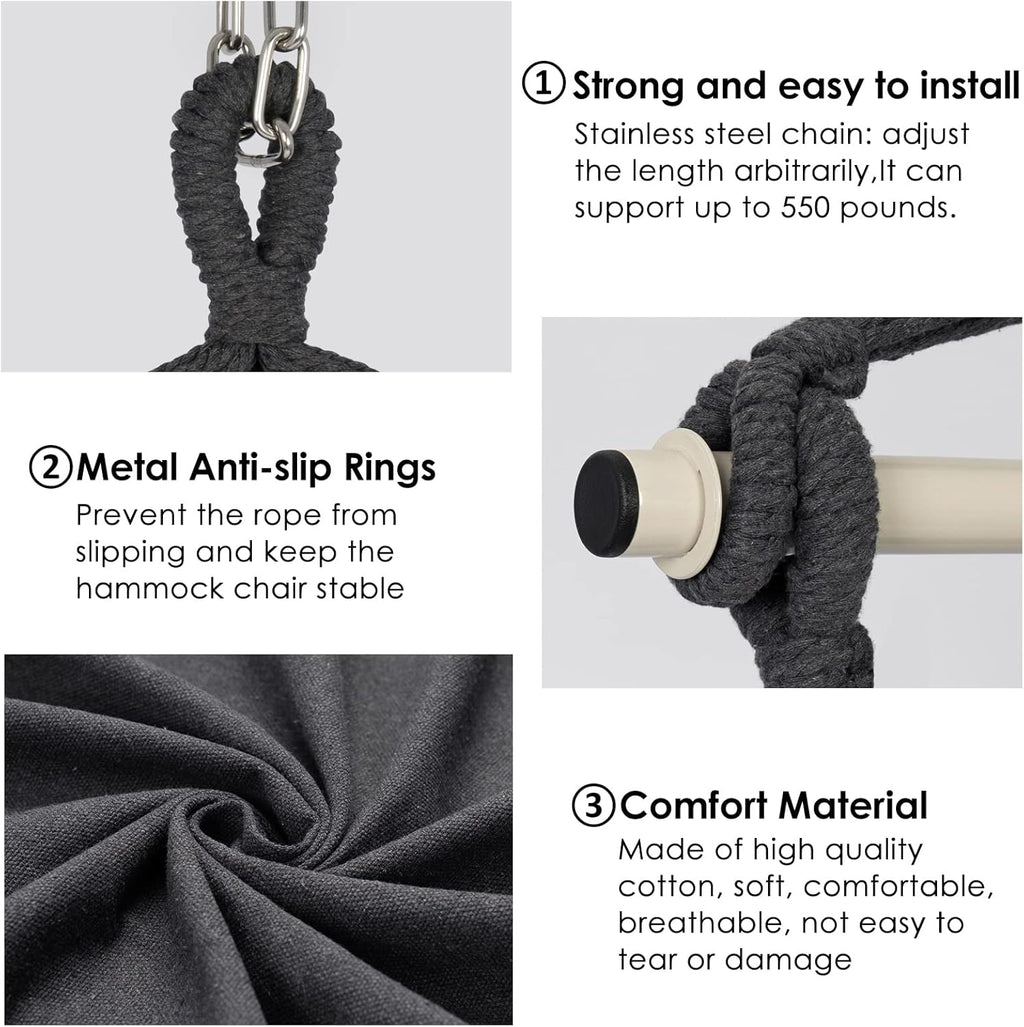 Y- STOP Hammock Chair Hanging Rope Swing Chair, Max 500 Lbs, 2 Seat Cushions Included, Removable Steel Spreader Bar with Anti-Slip Rings, Hardware kit-for Indoor Outdoor(Dark Grey) pcs