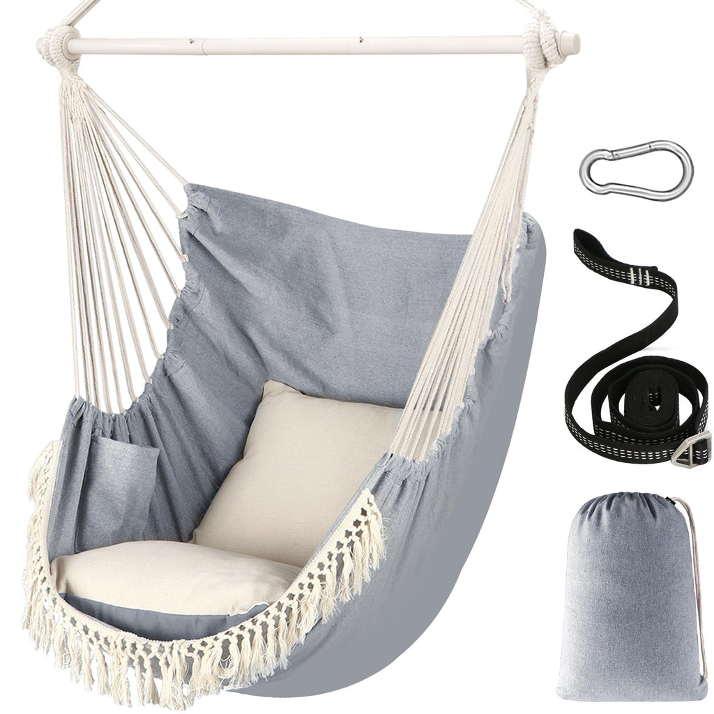 Chihee Hammock Chair Hanging Swing Max 500 Lbs 2 Cushions Included Steel Spreader Bar with Anti-Slip Grooves Portable Hanging Chair Side Pocket Large Macrame Bohemian Chair Indoor Outdoor