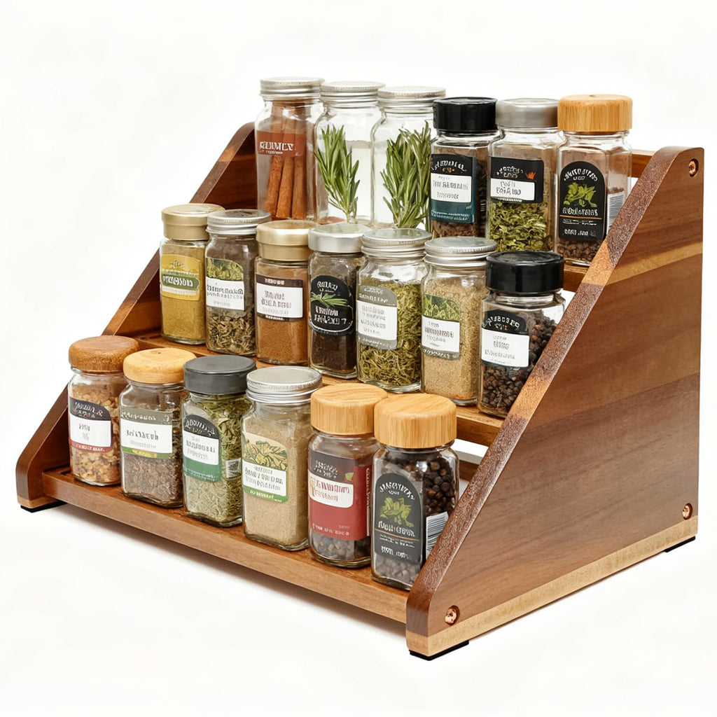 Acacia Wooden Spice Rack for Countertop - 3 Tiered Spice Rack Organizer for Cabinet - Kitchen Spices Organizers Holds 21 Jars - Spices Shelf for Kitchen Storage Pantry Seasoning Organizer