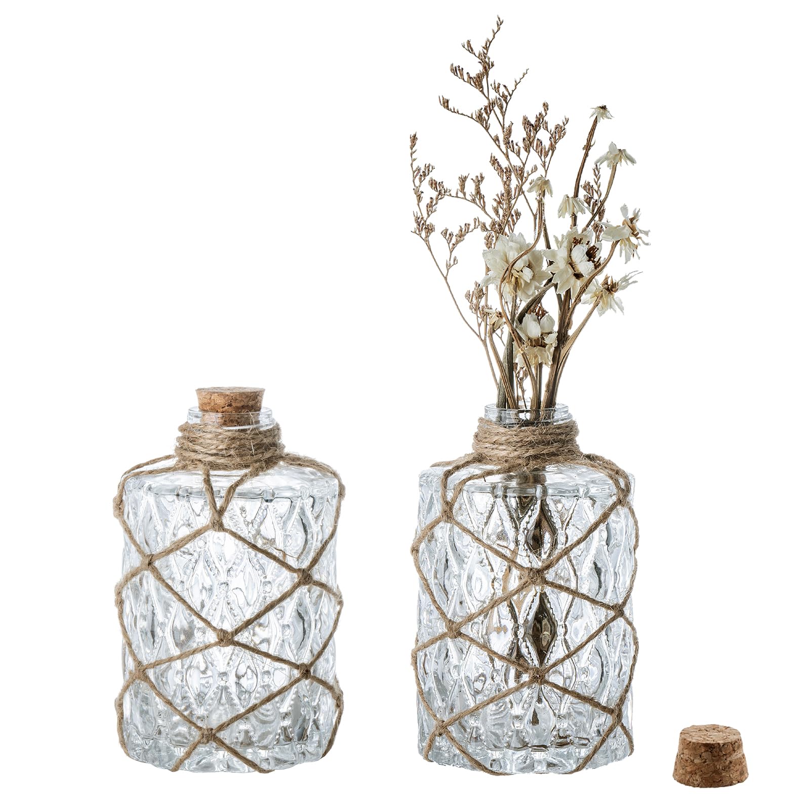 MyGift Vintage Design Embossed Fleur De Lis Clear Glass Bottles with Cork Lid, Apothecary Flower Bud Vases, Set of 6
