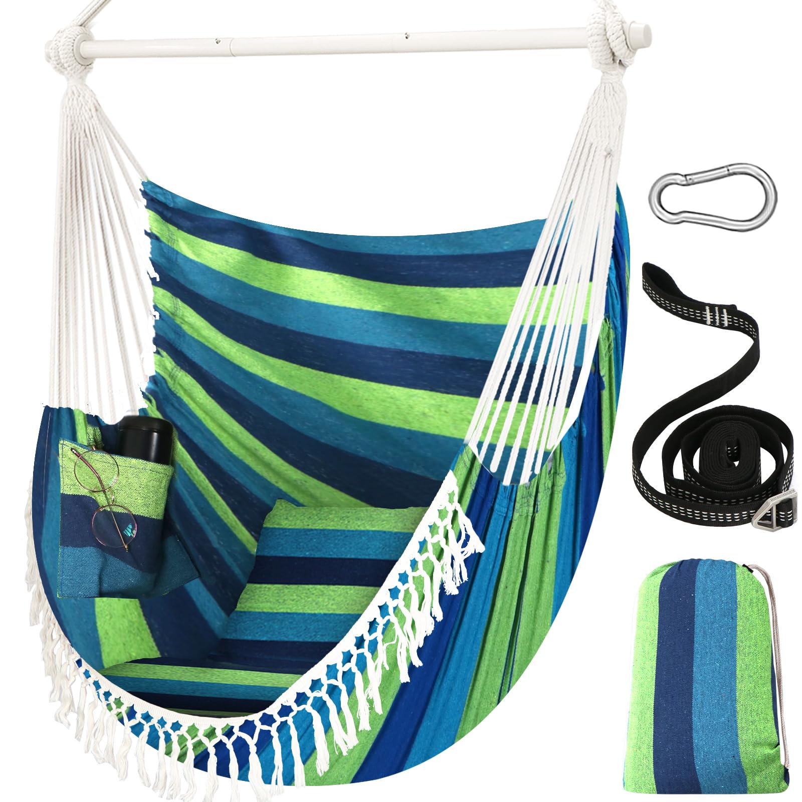Chihee Hammock Chair Hanging Swing Max 500 Lbs 2 Cushions Included Steel Spreader Bar with Anti-Slip Grooves Portable Hanging Chair Side Pocket Large Macrame Bohemian Chair Indoor Outdoor