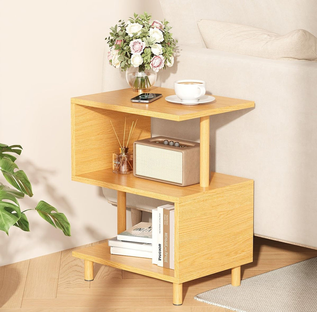 Apicizon S-Shaped Side Table, 3-Tier Nightstand with Solid Wood Legs, Slim Bedside Table with Storage Shelf, Modern End Table for Small Spaces, Bedroom, Living Room, Entryway, Natural