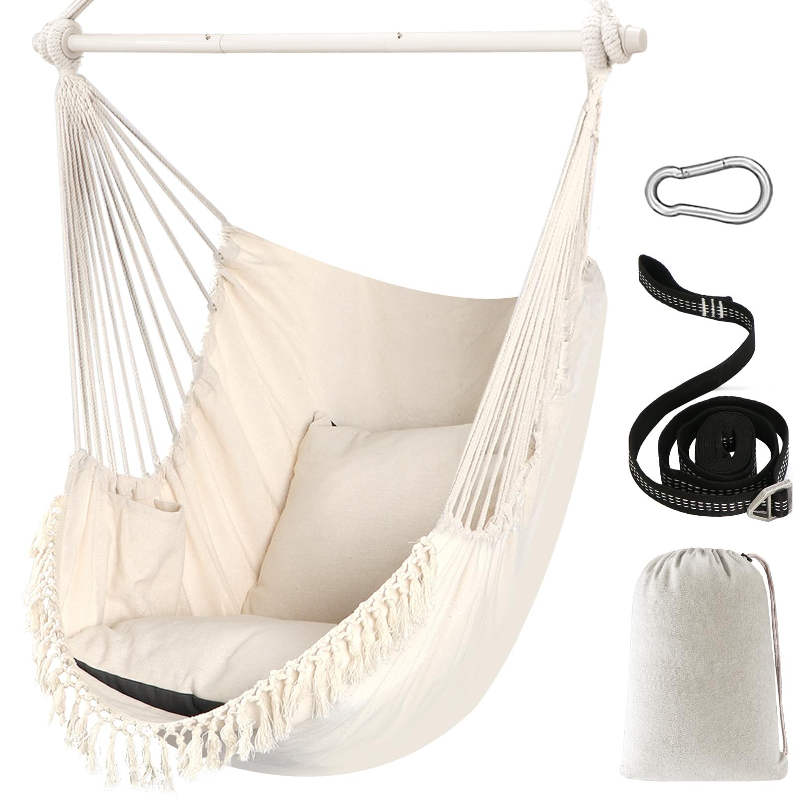 Chihee Hammock Chair Hanging Swing Max 500 Lbs 2 Cushions Included Steel Spreader Bar with Anti-Slip Grooves Portable Hanging Chair Side Pocket Large Macrame Bohemian Chair Indoor Outdoor