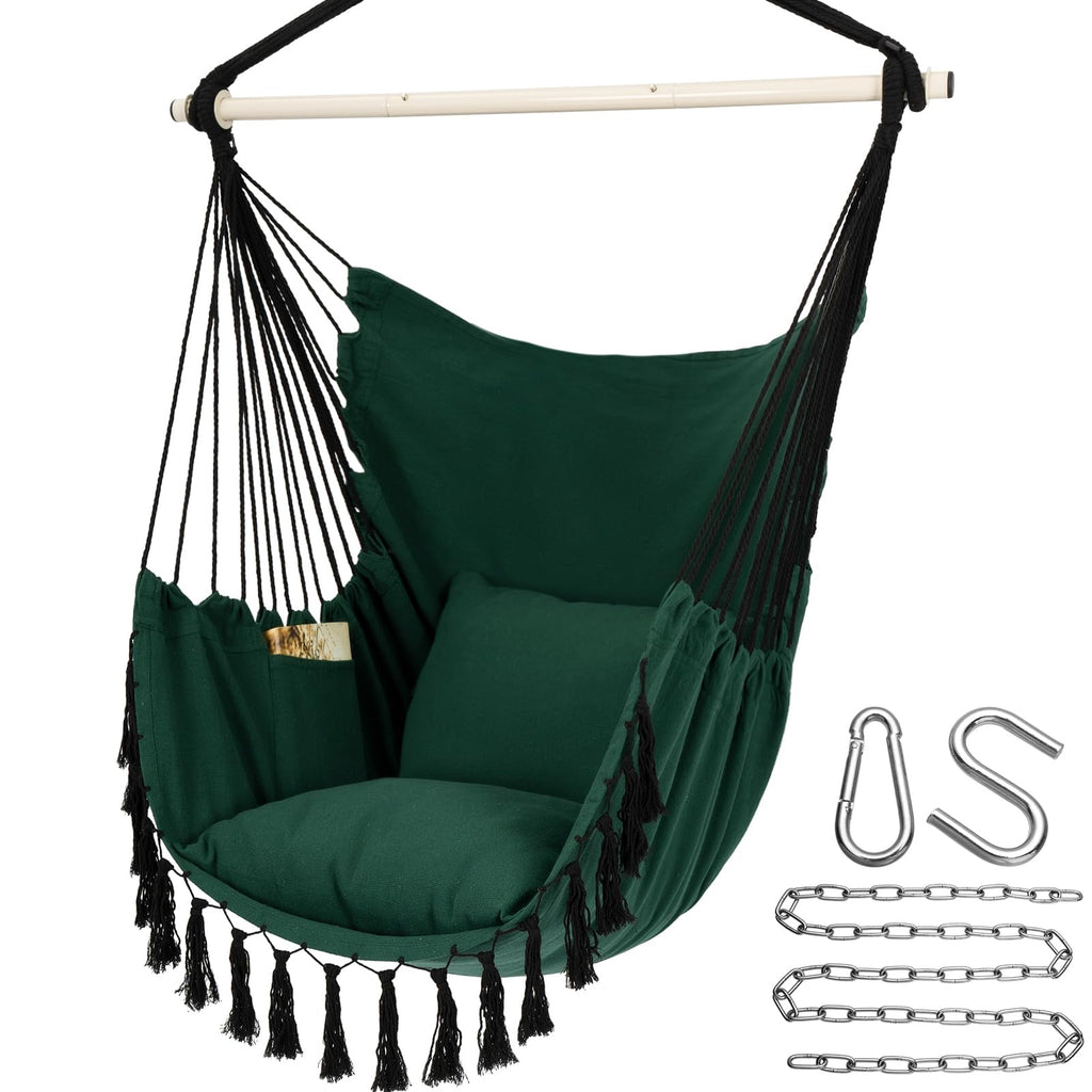 Y- STOP Hammock Chair Hanging Rope Swing Chair, Max 500 Lbs, 2 Seat Cushions Included, Removable Steel Spreader Bar with Anti-Slip Rings, Hardware kit-for Indoor Outdoor(Dark Grey) pcs