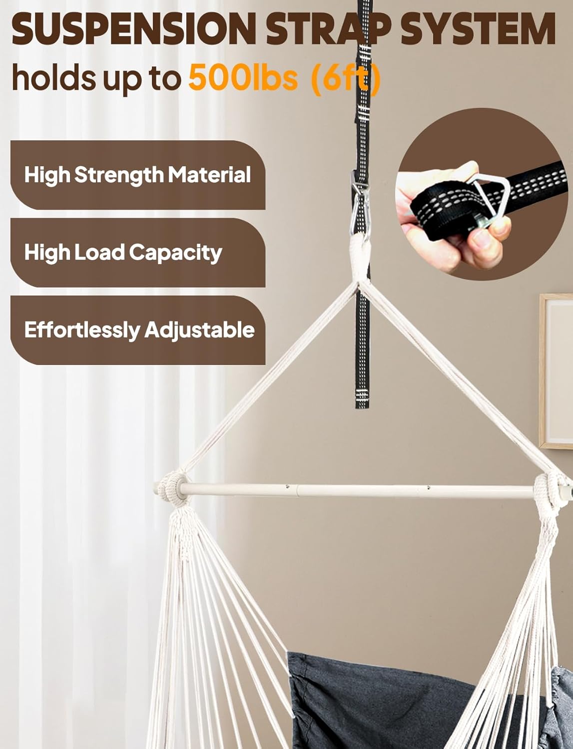 Chihee Hammock Chair Hanging Swing Max 500 Lbs 2 Cushions Included Steel Spreader Bar with Anti-Slip Grooves Portable Hanging Chair Side Pocket Large Macrame Bohemian Chair Indoor Outdoor