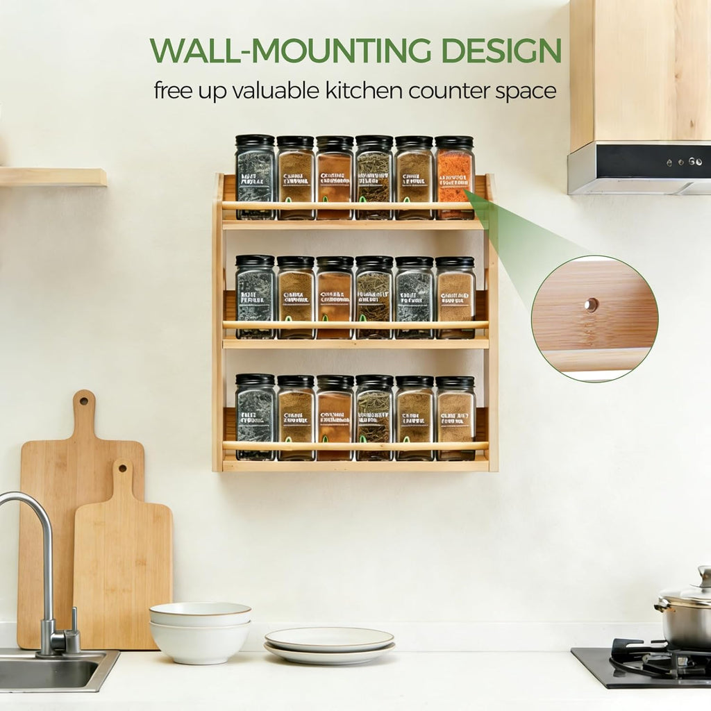 Bamboo Spice Rack Organizer, 3 Tier Spice Storage Rack with Handles, Wood Seasoning Jars Shelf for Kitchen Counter, Pantry or Wall Mounting