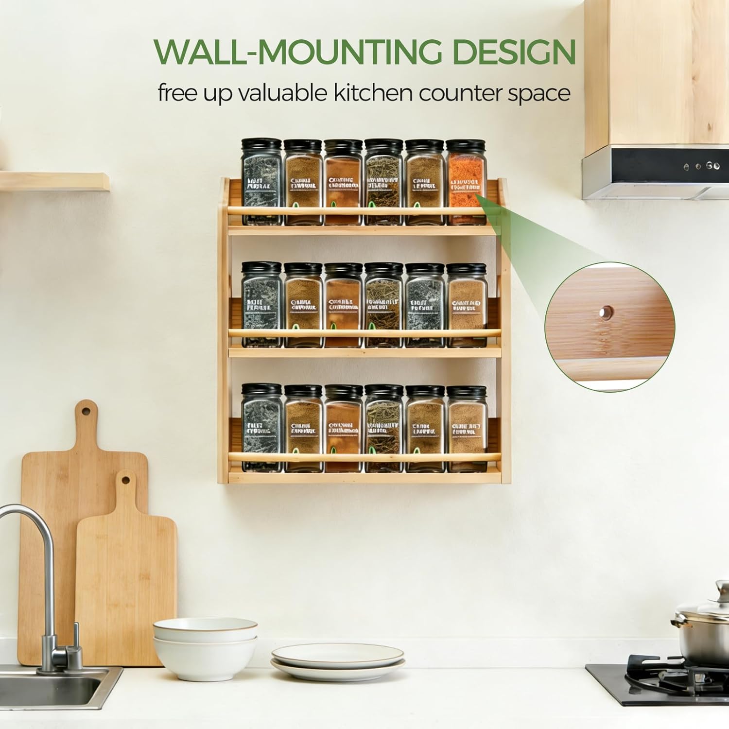 Bamboo Spice Rack Organizer, 3 Tier Spice Storage Rack with Handles, Wood Seasoning Jars Shelf for Kitchen Counter, Pantry or Wall Mounting