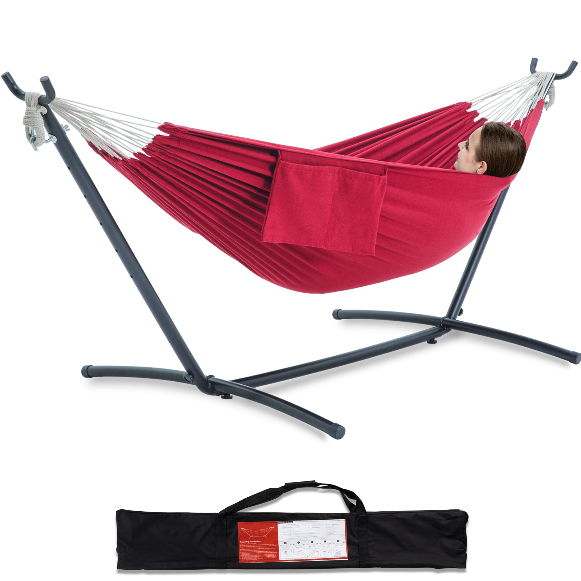 PNAEUT Double Hammocks with Stand for Outside, Portable Space Saving Heavy-Duty Steel Frame for Indoor Outdoor Patio Yard, Easy Assembly, 2 Person 450 lbs Capacity (Coffee)