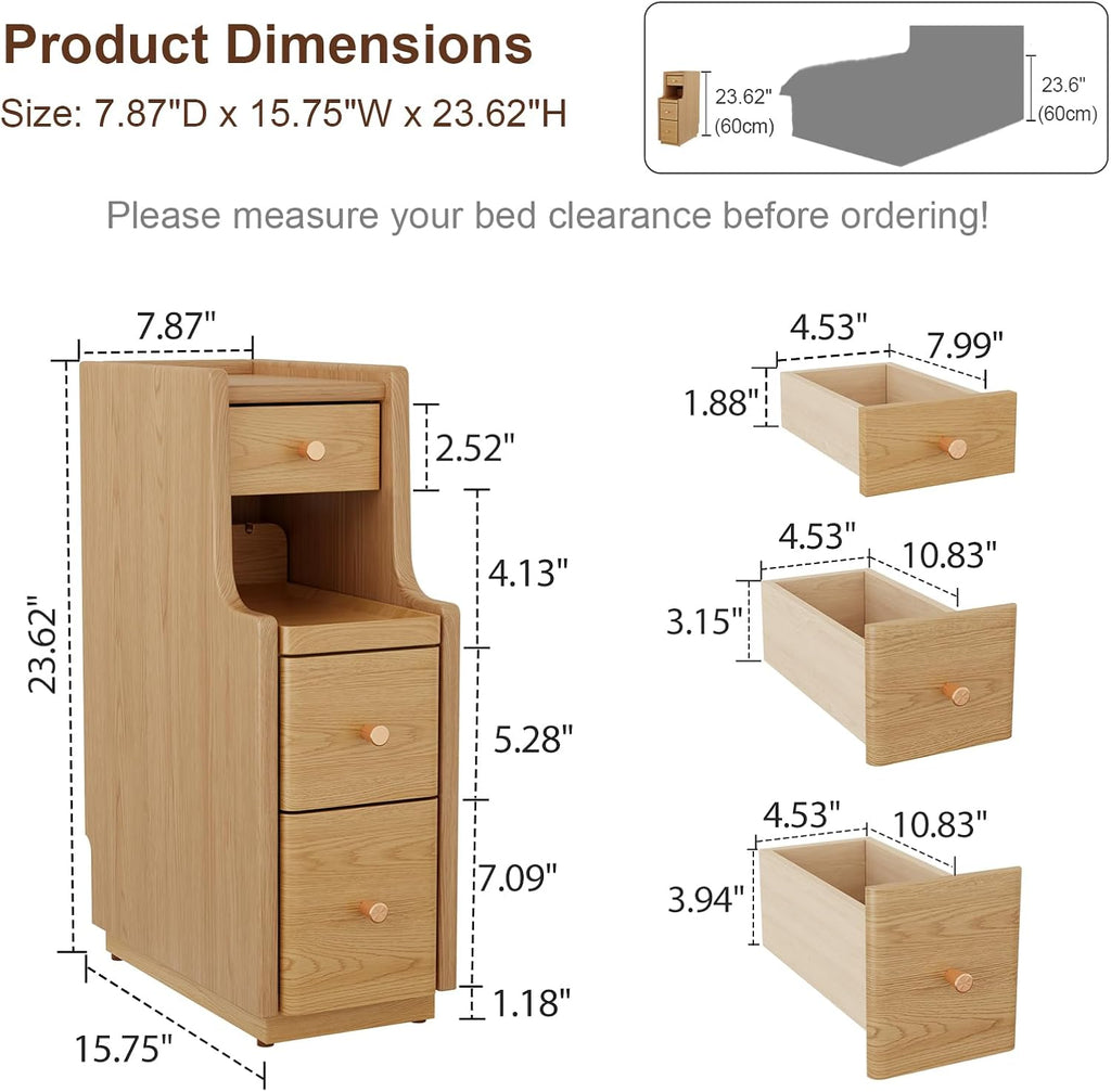 Narrow Nightstand with 3 Drawers,Solid Wood Narrow Bedside Table Natural, Modern Skinny Nightstand for Bedroom(Fully Assembly)