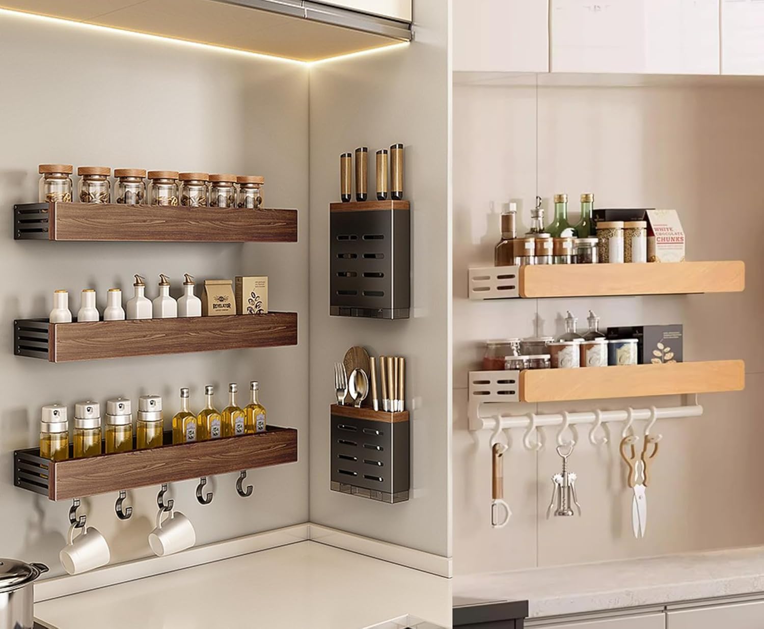 spice rack wood kitchen spice rack wall mounted adjustable adhesive or screw, hung on the door and wall, black large rack for storing items in refrigerators and ovens
