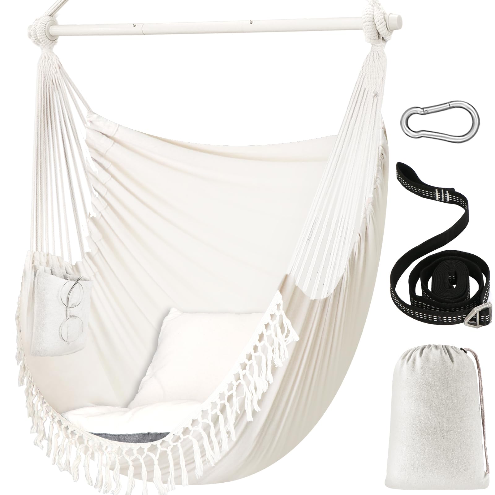 Chihee Hammock Chair Hanging Swing Max 500 Lbs 2 Cushions Included Steel Spreader Bar with Anti-Slip Grooves Portable Hanging Chair Side Pocket Large Macrame Bohemian Chair Indoor Outdoor