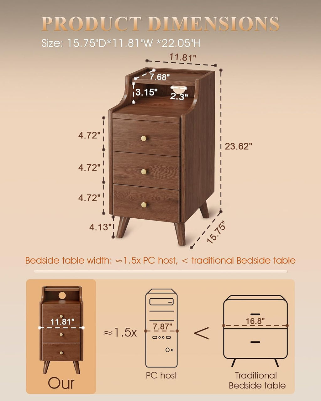 Narrow Nightstand with Drawers, 11.8" Solid Wood Nightstand with Open Shelf & Cable Hole, Modern Night Stand Slim Bedside Table for Small Spaces, Bedroom, Living Room, Study