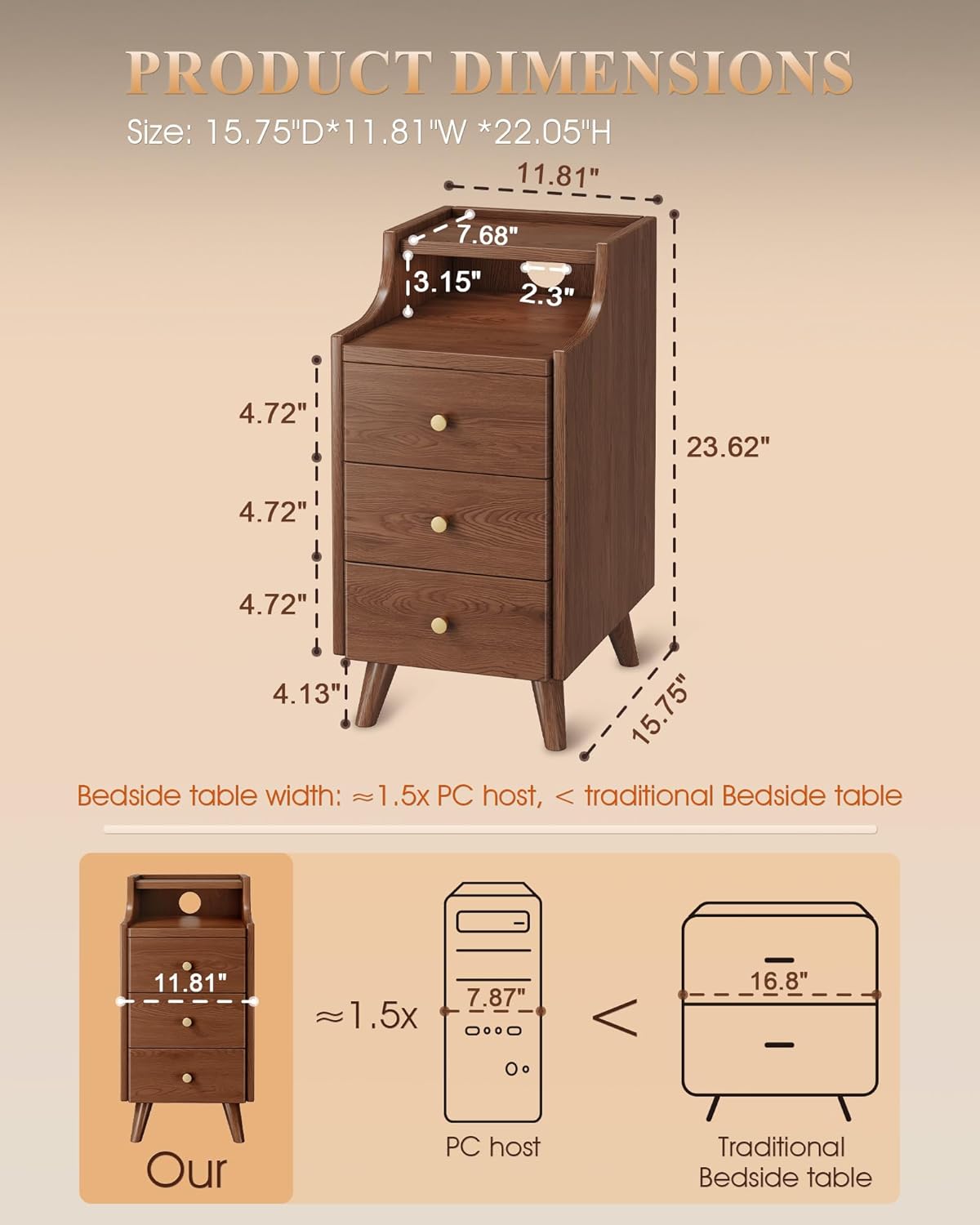 Narrow Nightstand with Drawers, 11.8" Solid Wood Nightstand with Open Shelf & Cable Hole, Modern Night Stand Slim Bedside Table for Small Spaces, Bedroom, Living Room, Study