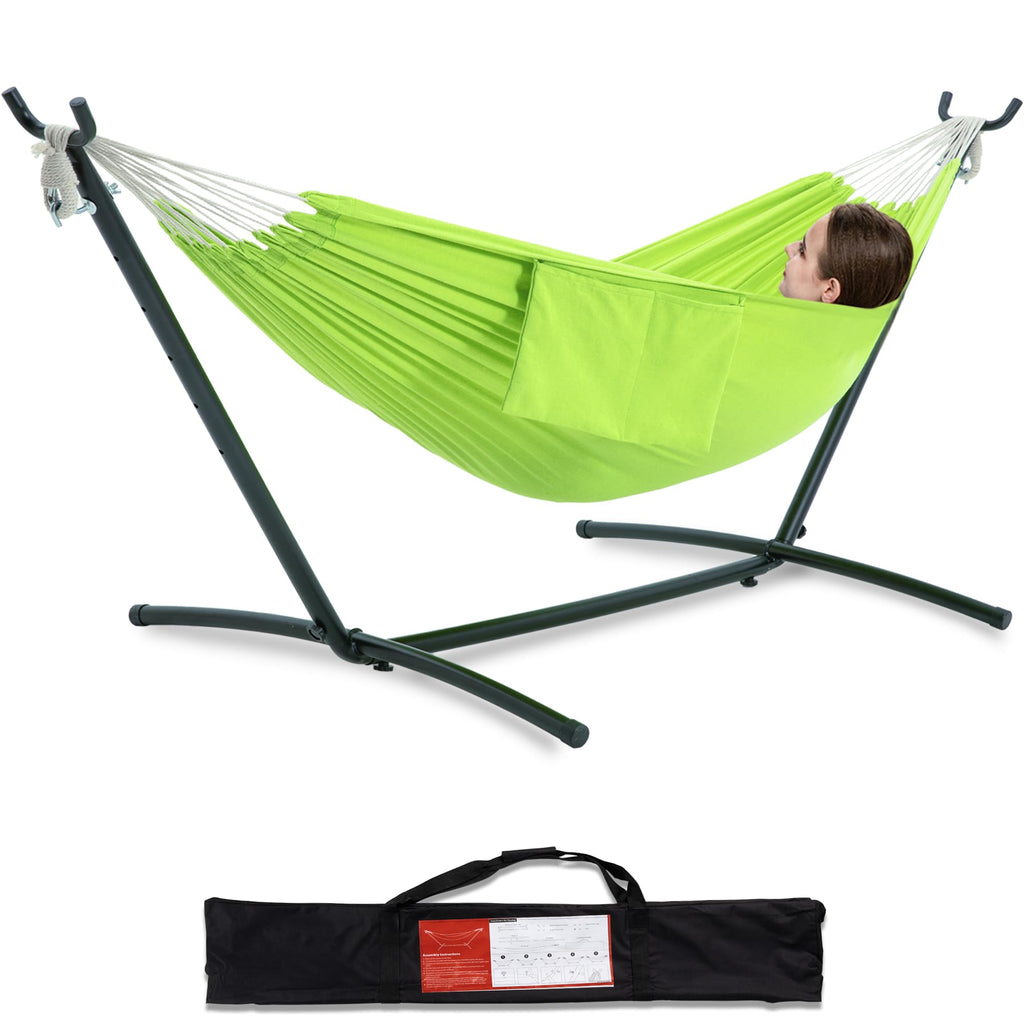 PNAEUT Double Hammocks with Stand for Outside, Portable Space Saving Heavy-Duty Steel Frame for Indoor Outdoor Patio Yard, Easy Assembly, 2 Person 450 lbs Capacity (Coffee)