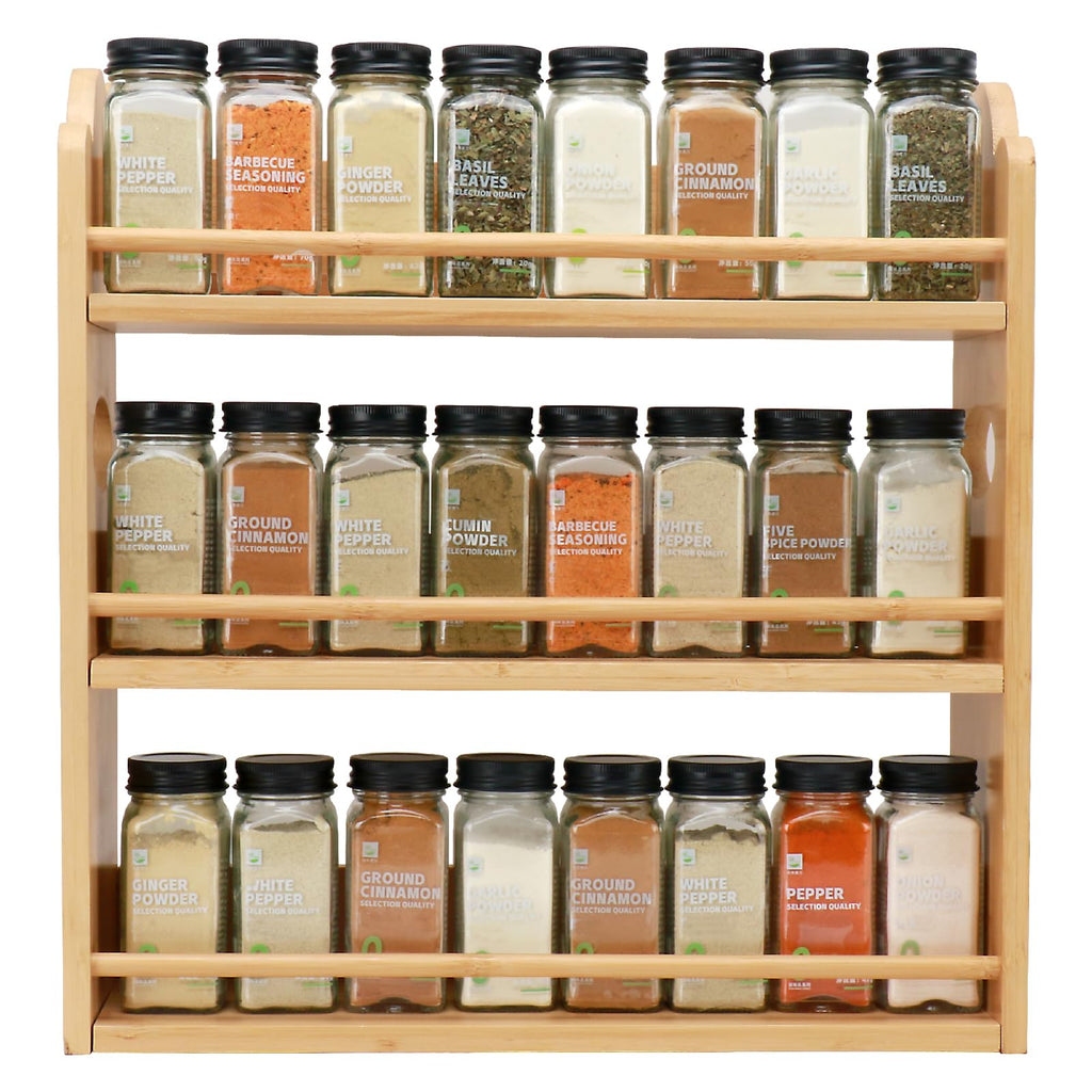 3 Tier Bamboo Spice Rack, Spice Rack Organizer, Seasoning Jars Rack Shelf Spice Organizer for Kitchen Counter or Wall Mounting, Spice Storage Holder with handles, Jars Not Included,Natural