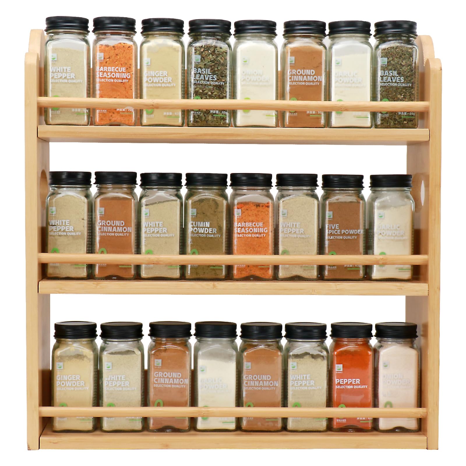 3 Tier Bamboo Spice Rack, Spice Rack Organizer, Seasoning Jars Rack Shelf Spice Organizer for Kitchen Counter or Wall Mounting, Spice Storage Holder with handles, Jars Not Included,Natural