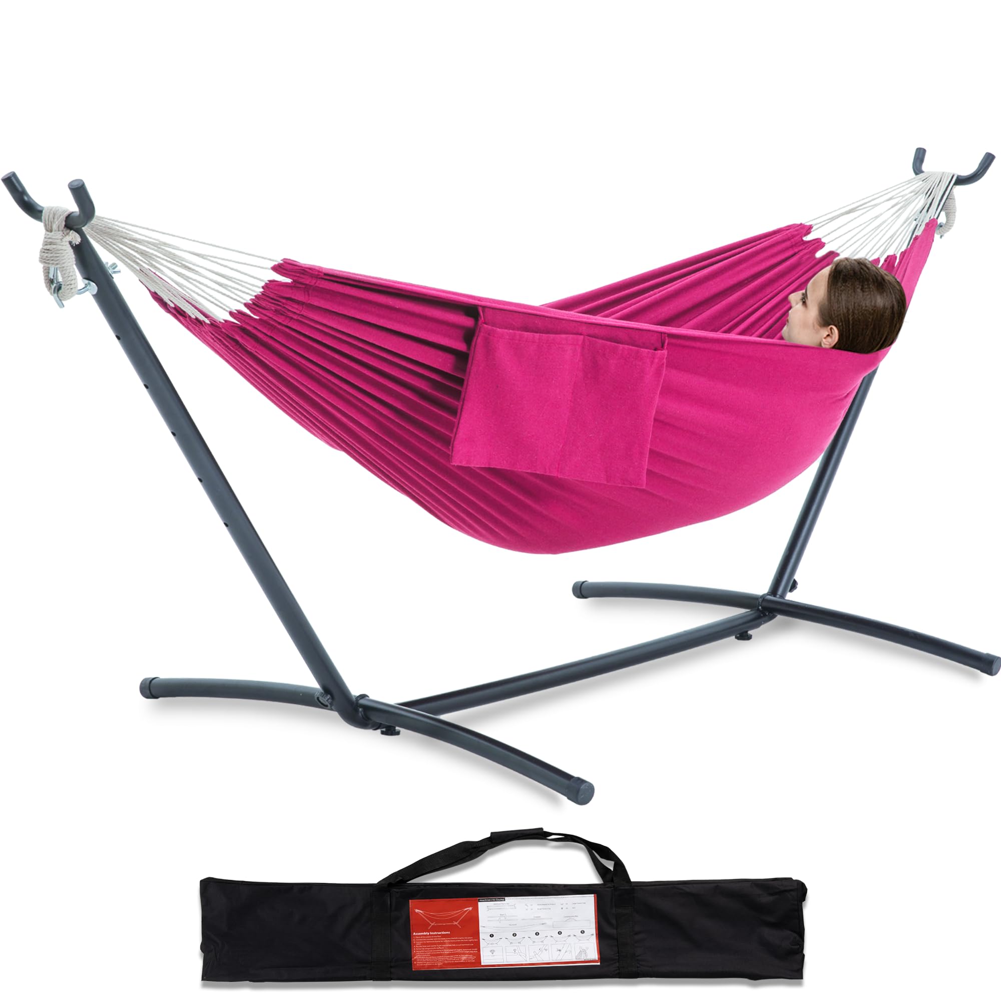 PNAEUT Double Hammocks with Stand for Outside, Portable Space Saving Heavy-Duty Steel Frame for Indoor Outdoor Patio Yard, Easy Assembly, 2 Person 450 lbs Capacity (Coffee)