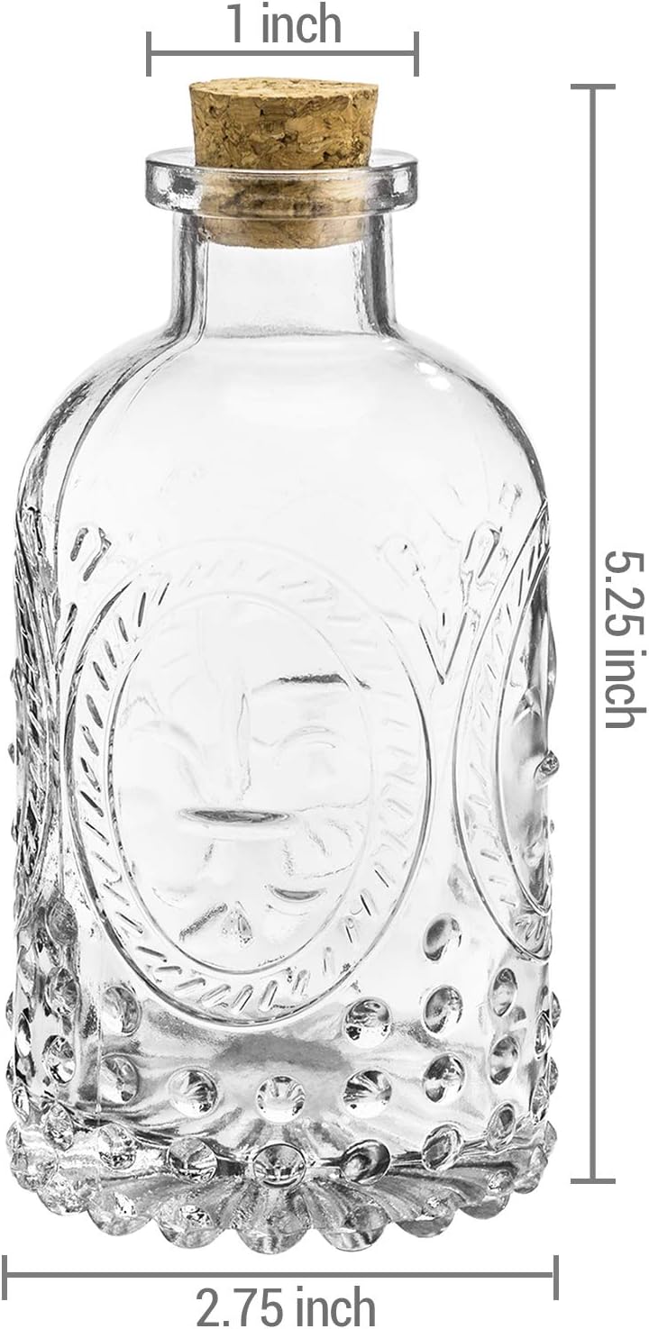 MyGift Vintage Design Embossed Fleur De Lis Clear Glass Bottles with Cork Lid, Apothecary Flower Bud Vases, Set of 6