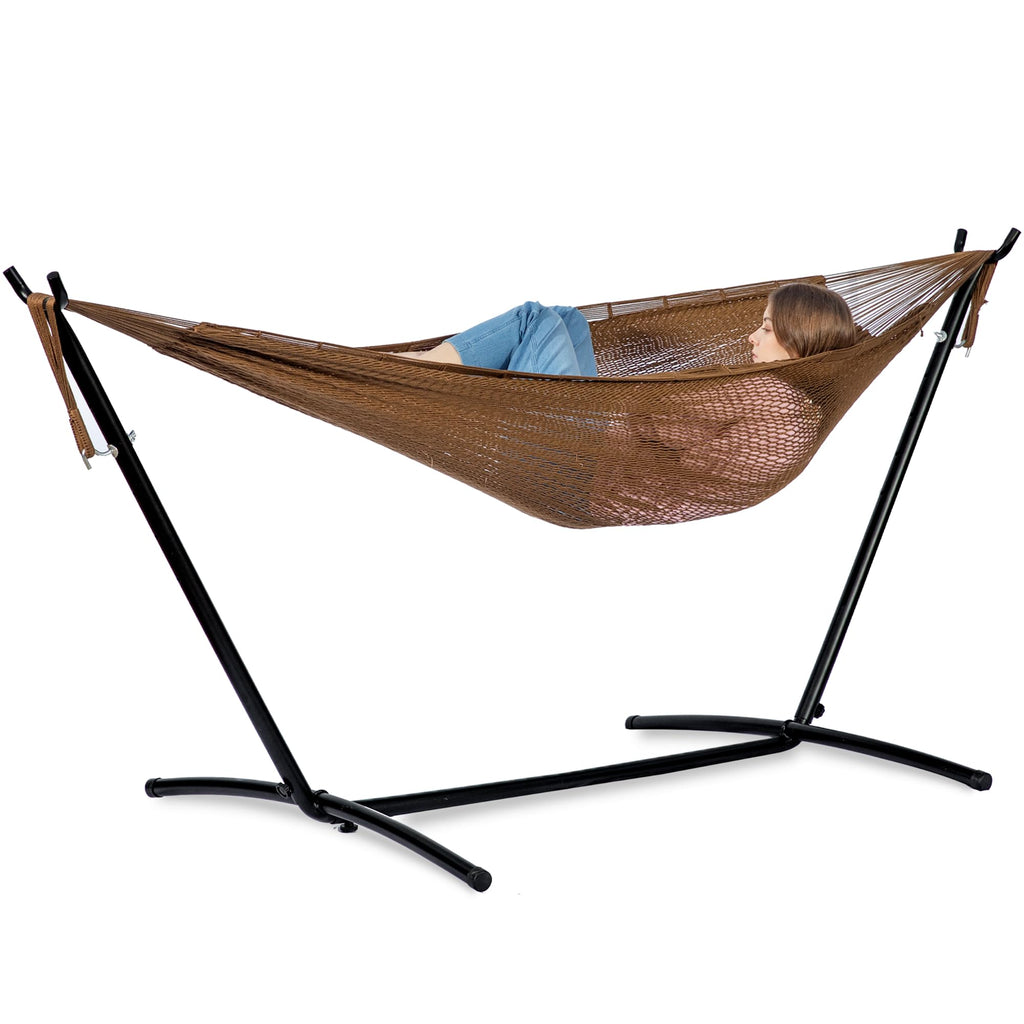 PNAEUT Double Hammocks with Stand for Outside, Portable Space Saving Heavy-Duty Steel Frame for Indoor Outdoor Patio Yard, Easy Assembly, 2 Person 450 lbs Capacity (Coffee)