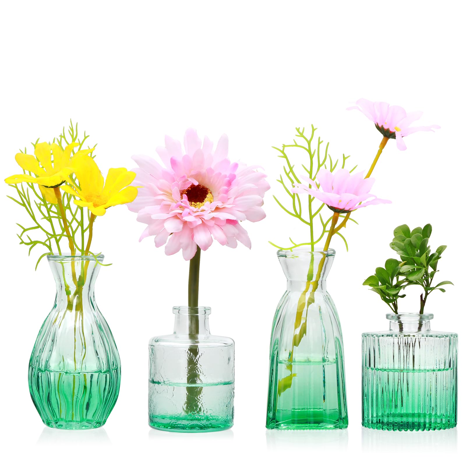 Set of 4 Clear Vintage Embossed Mini Glass Bud Vases Small Flower Vases for Wedding Party Table & Home Decor Flower Arrangements