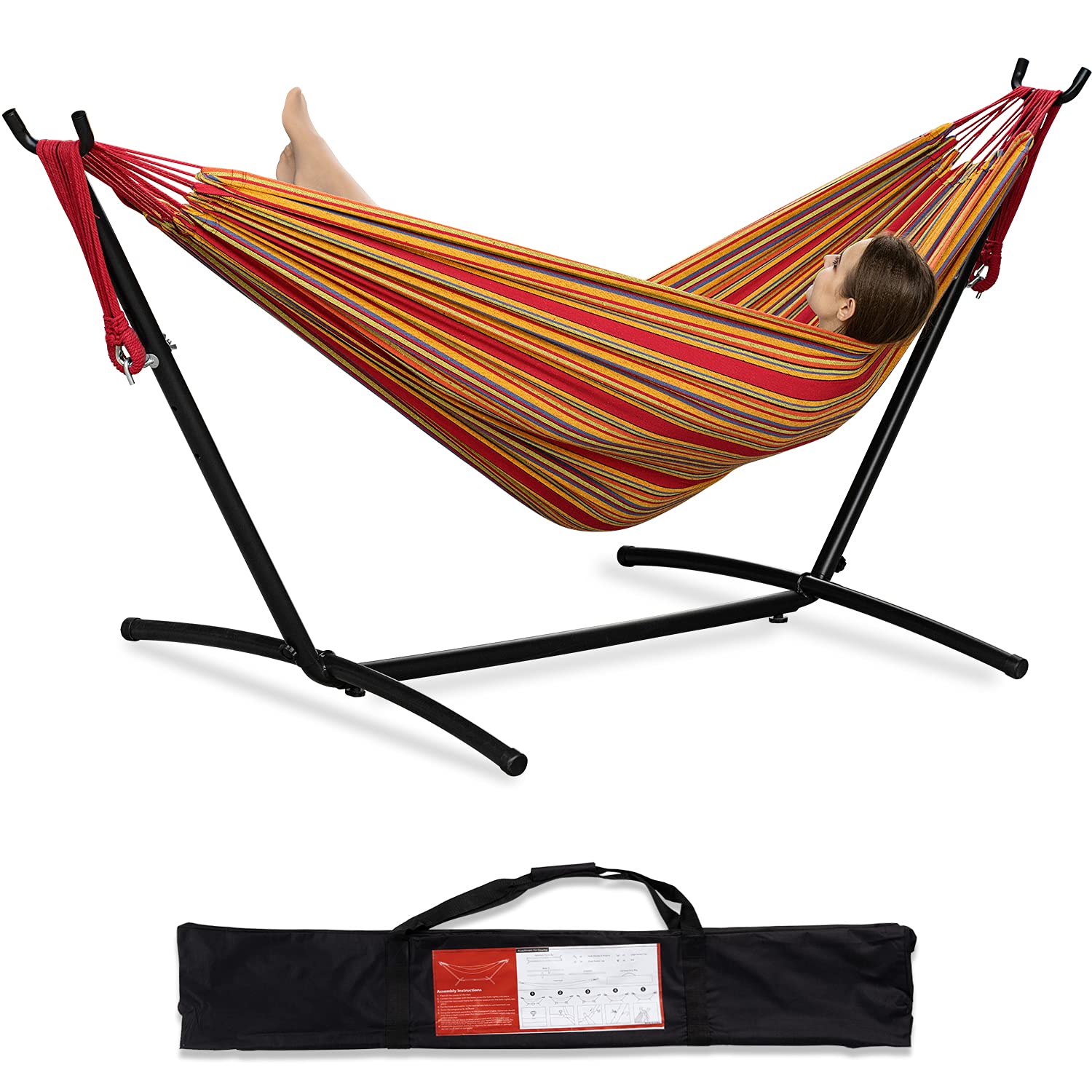 PNAEUT Double Hammocks with Stand for Outside, Portable Space Saving Heavy-Duty Steel Frame for Indoor Outdoor Patio Yard, Easy Assembly, 2 Person 450 lbs Capacity (Coffee)