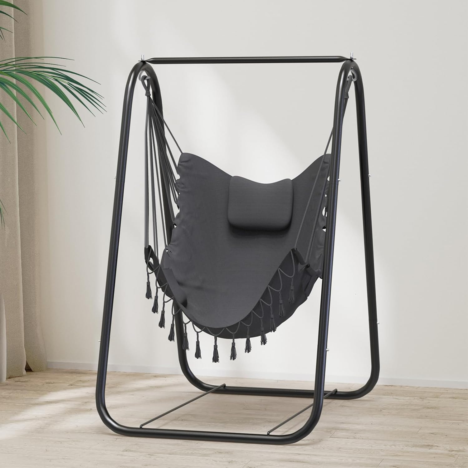 Grey Hammock Chair with Heavy-Duty Rustproof Stand, Indoor Outdoor Patio Swing Chair
