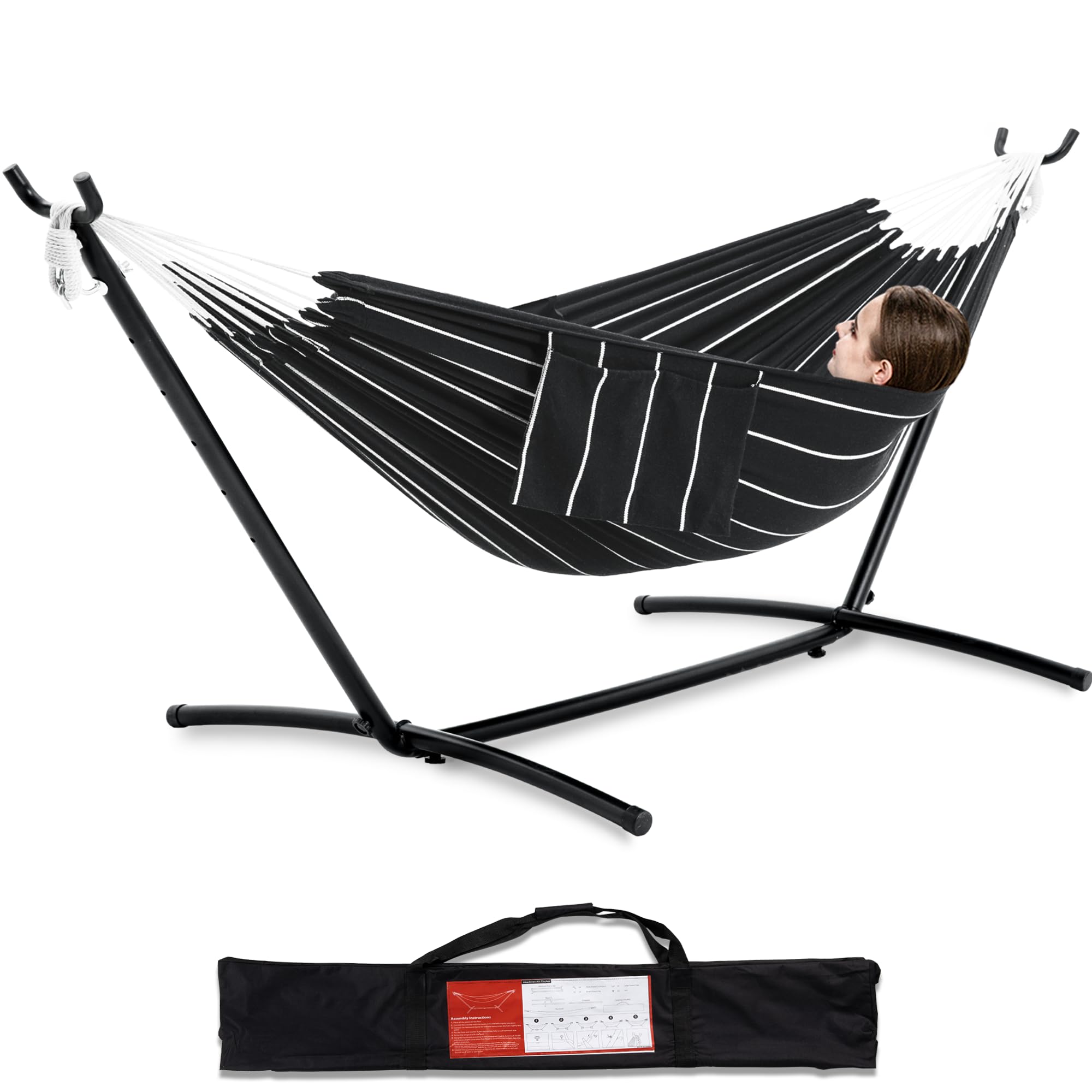 PNAEUT Double Hammocks with Stand for Outside, Portable Space Saving Heavy-Duty Steel Frame for Indoor Outdoor Patio Yard, Easy Assembly, 2 Person 450 lbs Capacity (Coffee)