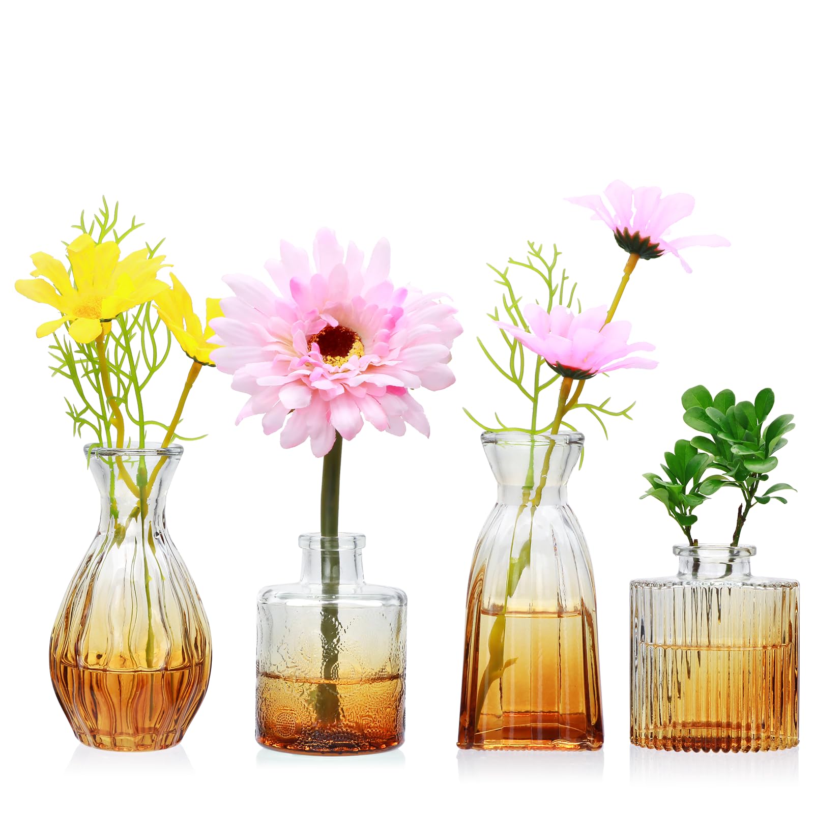 Set of 4 Clear Vintage Embossed Mini Glass Bud Vases Small Flower Vases for Wedding Party Table & Home Decor Flower Arrangements