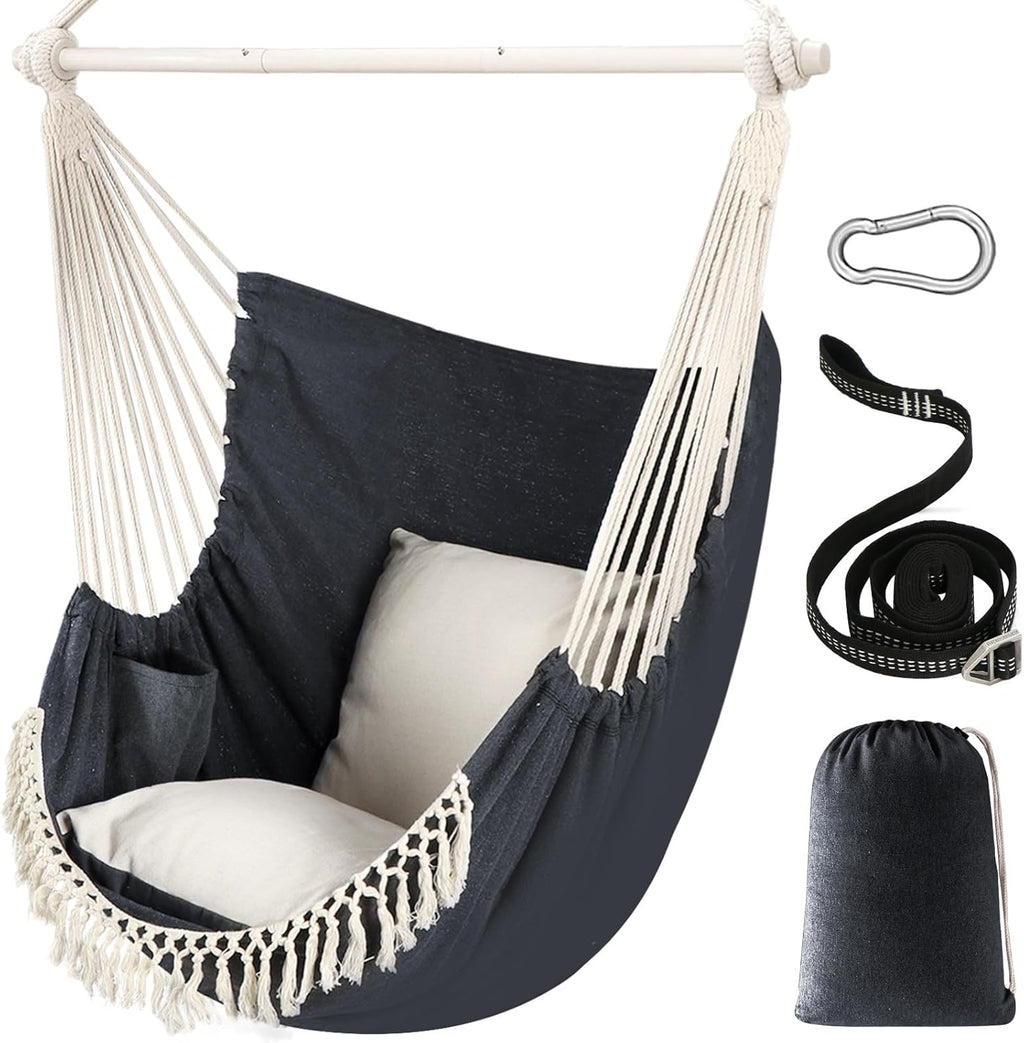 Chihee Hammock Chair Hanging Swing Max 500 Lbs 2 Cushions Included Steel Spreader Bar with Anti-Slip Grooves Portable Hanging Chair Side Pocket Large Macrame Bohemian Chair Indoor Outdoor