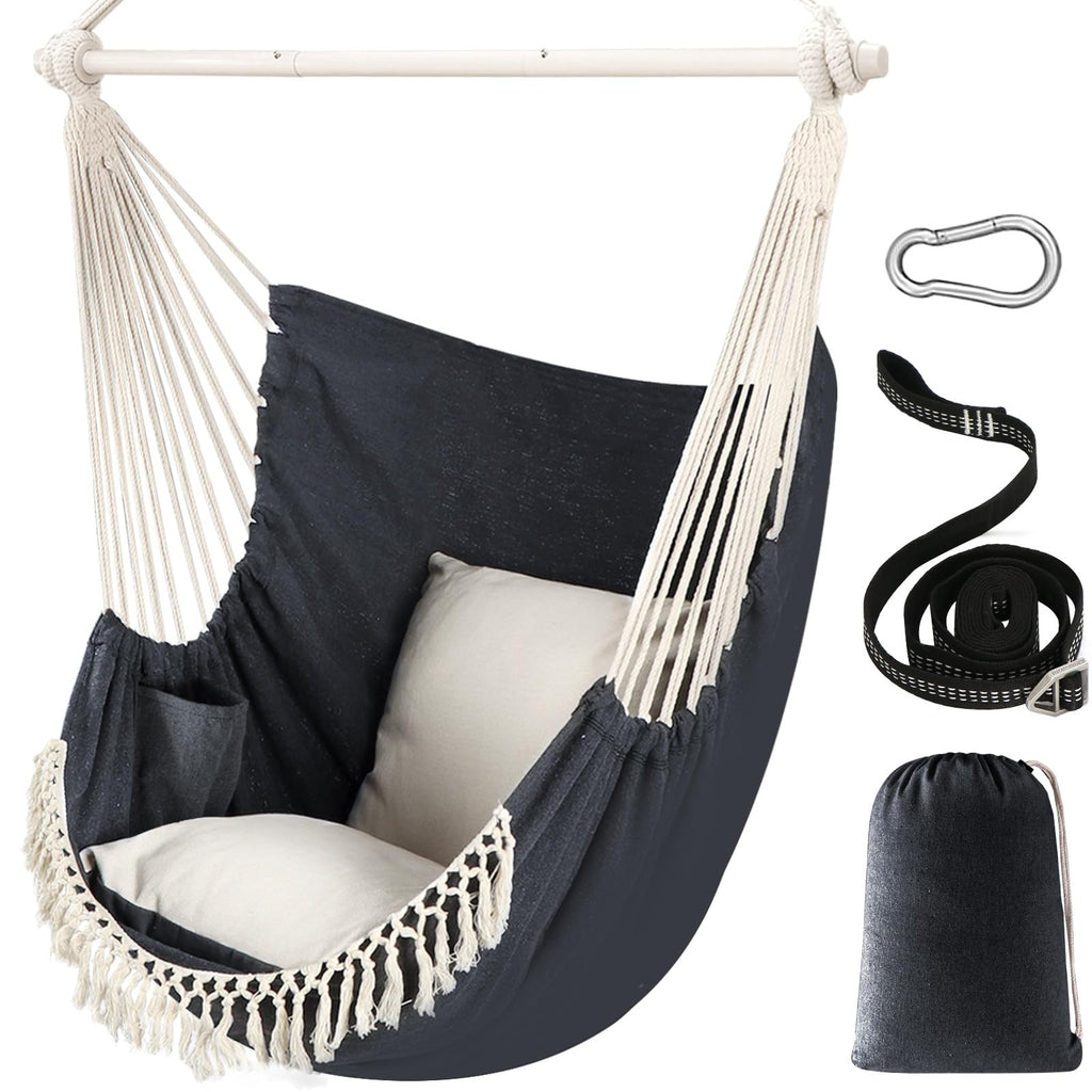 Chihee Hammock Chair Hanging Swing Max 500 Lbs 2 Cushions Included Steel Spreader Bar with Anti-Slip Grooves Portable Hanging Chair Side Pocket Large Macrame Bohemian Chair Indoor Outdoor