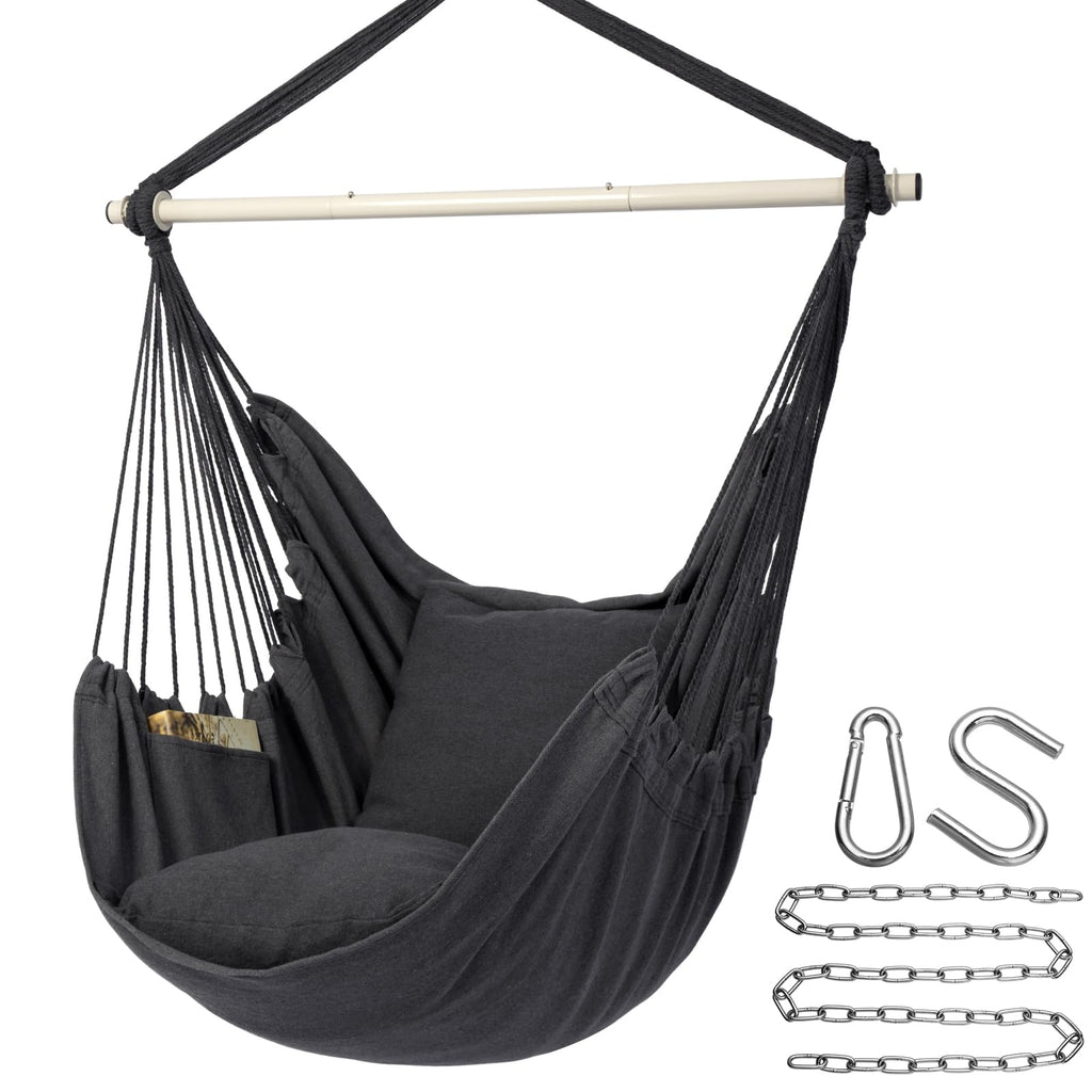 Y- STOP Hammock Chair Hanging Rope Swing, Max 500 Lbs, 2 Cushions Included, Large Macrame Hanging Chair with Pocket, Cotton Weave for Superior Comfort, Durability (Dark Grey)