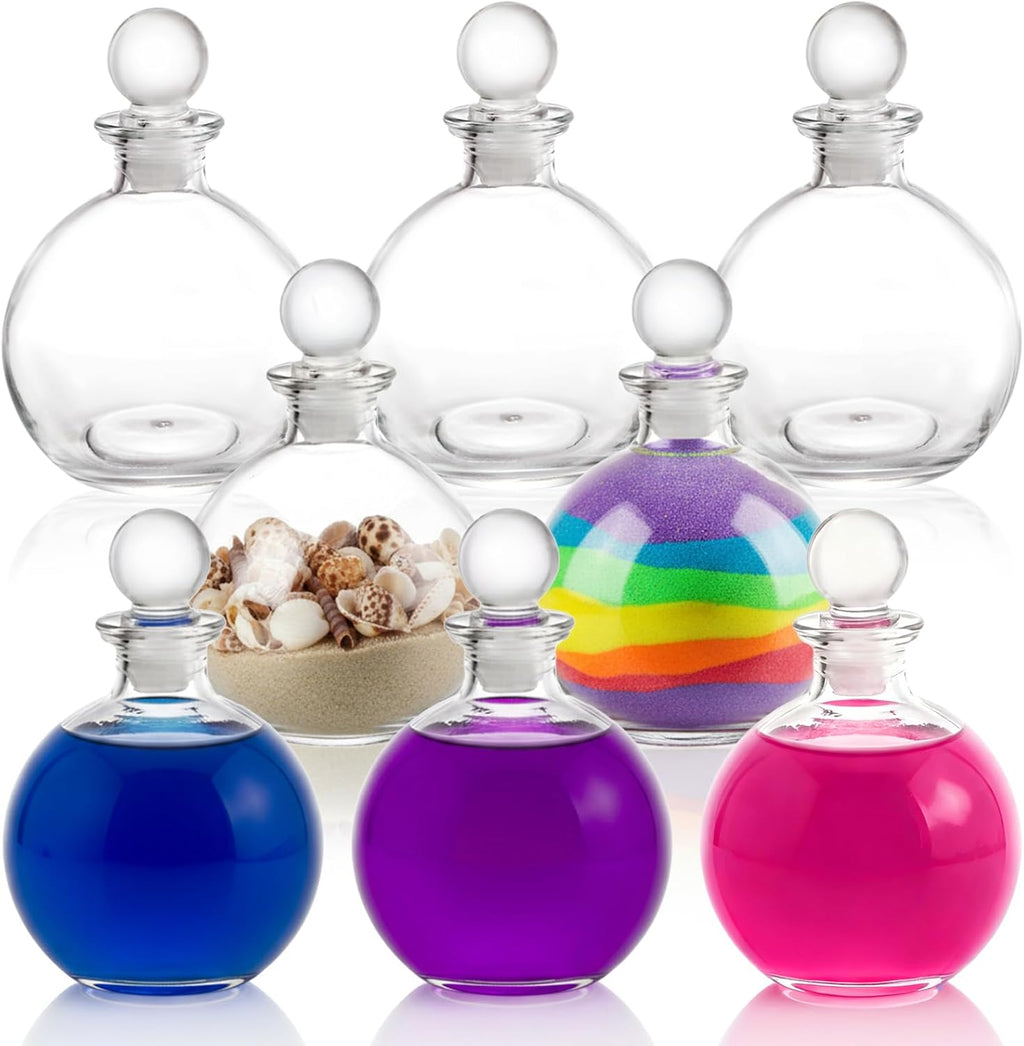 8 Pack Spherical Glass Bottles, 8 Oz Round Bottle with Stopper, Glass Sphere Jar Reusable Refillable Bottles for Sand Costume Props DIY Crafts