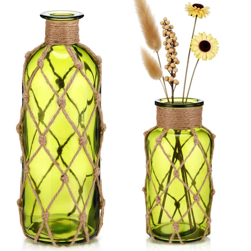 Chuangdi Set of 2 Coastal Glass Vases for Flowers TSITP Flower Vase with Boho Rope Small Sea Glass Jar Nautical Beach Bottle for Wedding Table Centerpieces Floral Arrangement Decor(Green)